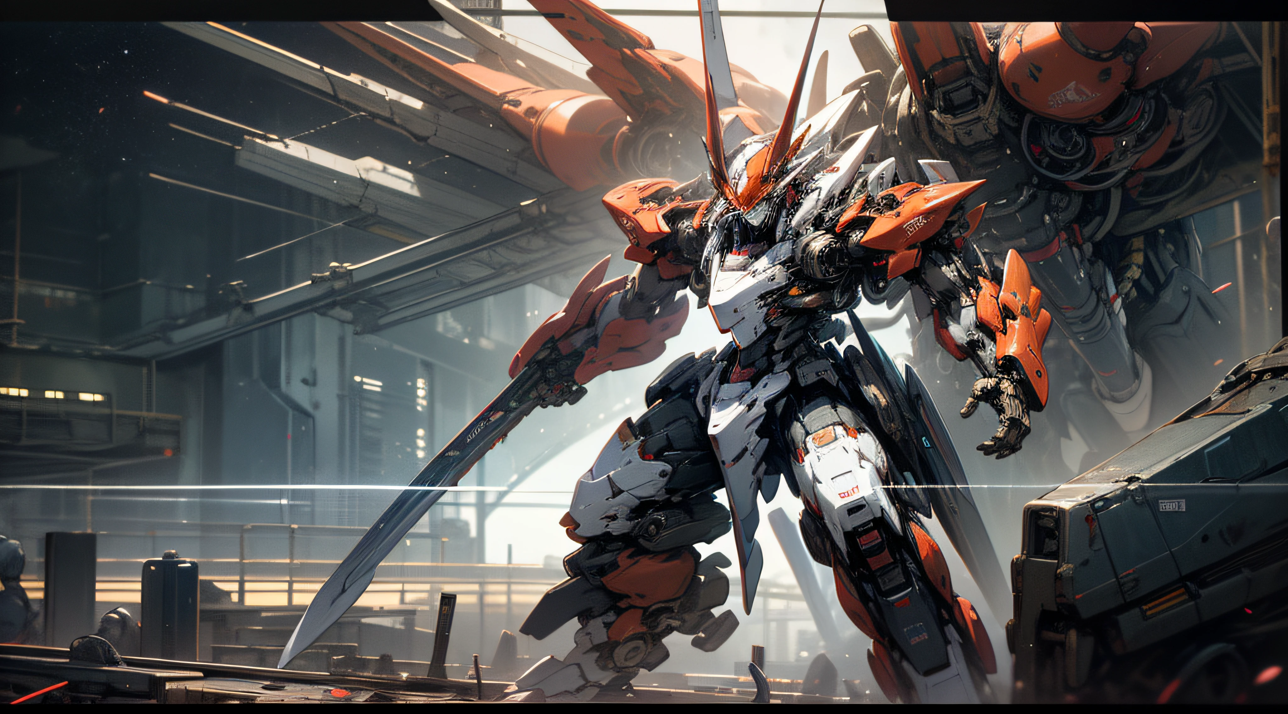 masutepiece, Best Quality, High-quality stylish mecha, (A futuristic: 1.1), Red Ghost Hunter Stylish Mecha, Around Inazuma, Lightning, Swords scattered on the sides, (Cyberpunk costumes), Cinematic lighting, (exquisite futuristic), Cool mecha, Ultra-detailed mech, amazing composition, floating, depth of fields, (Very detailed CG, Unity 8k壁纸), (Background with fine details), hair detail, Dramatic Lighting, gogetta, Stylish Mecha, Best Quality, Ultra High Resolution, Photorealistic and realistic details spark、night moon、Night Barren Planet、Ruins、Holding_arma、Shines、Droid、buliding、blazing_Eyes、Orange Mecha、scienc_fiction、城市、Realistic、Stylish Mecha、background of the Milky Way galaxy、Stylish Full Body Esbian、Mechaneon、cyberpunked、mechs