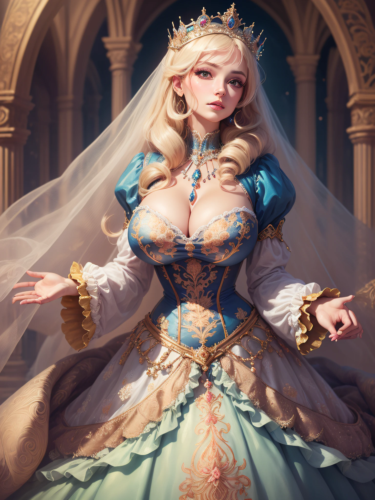 ((anime artstyle)),(Masterpiece),(Best Quality), (Super Detail),((Very Delicate and Beautiful)),cinematic lighting,1 lady,((full body portrait)),((standing in garden)),((solo)),(((1 princess in beautiful embroidery and jeweled extremely gorgeous princess rococo ballgown with voluminous full length hoop skirt))),((crinoline)),long train,((beautiful embroidery and jeweled)),voluminous frills,See-through,(gorgeous embroidery and beautiful lace),(((extremely gigantic tits,skindentation))),cleavage,((large amount of straight hair,extremely voluminous Hair,Very Long Straight Hair)),(finely detailed face and eyes),clear pupil,extremely gorgeousfull hair ornament,(bling-bling jeweled extremely gorgeousfull tiara),(bling-bling gorgeous gemstone jewelry),long veil,(beautiful background),(full body),((beautiful embroidery and jeweled extremely gorgeous princess rococo ballgown with voluminous full length hoop skirt))