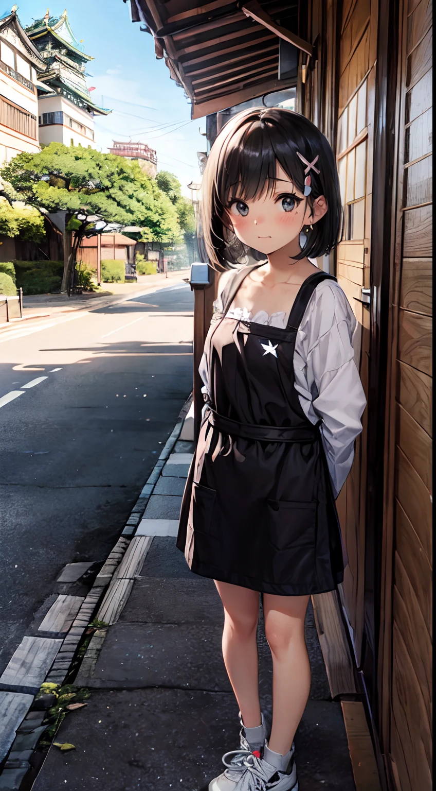 BREAK, 1 beautiful girl, Solo,(Cute:1.5),(Chibi:0.8), (kawaii:1.5),(Lori:0.5), BREAK, ((girl, Cute, Cheerful, Loli face, slightly bulging chest,(A dark-haired,Disheveled short bob,tareme:1.2), gleaming skin, Stuffed rabbit,BREAK,(red blush,embarrassed from:1.2), (NAKED Apron :1.2), (White rabbit ear headband:1.0), (Black sneakers,White neeso,Absolute area:1.6), (jewely, brooches,star-shaped earring:1.1), (X Hair Ornament:1.3), (Angle from the front:1.1), (:C),BREAK,(Osaka,Background of Osaka Castle:1.3), (early morning,appointment:1.3),(outside of house:1.5),BREAK, (Very detailed CG Unity 8K wallpaper), (Best Quality), (Super Detail), (Best Illustration), (Best Shadow), POV, Realistic lighting and shading, Natural light, Lens flare effect,