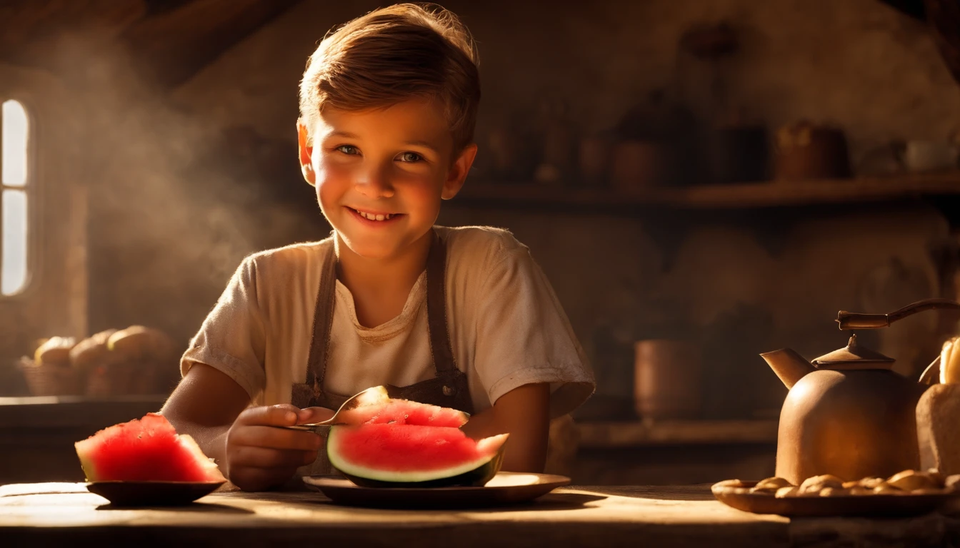 zen master, perfect country boy, happy smile, , old cap, jeans, having breakfast, poor old farm kitchen, copper coffee pot, watermelon, banana, bread on the table, sunset light, dim lighting , sweet and moving, rustic and poor place, in the style of Edmund Adler, Pierre Jean Edmund Castan-Baptist Monge, James Gurney
