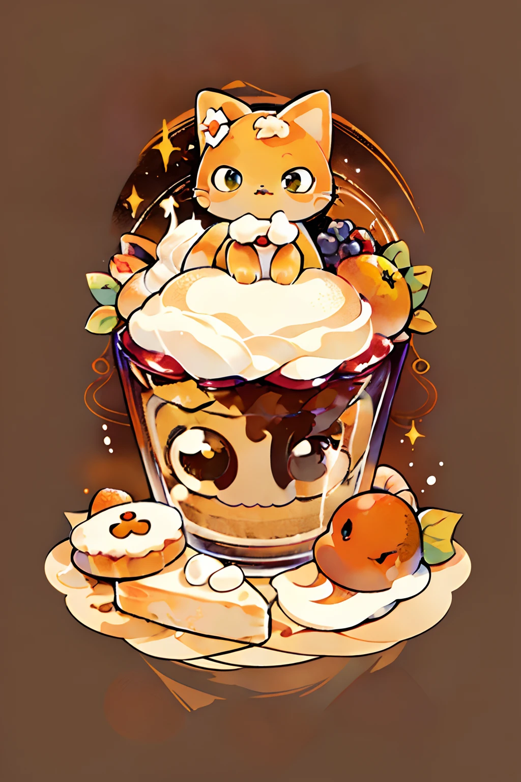 cute00d, Looking at Viewer, Simple background, food, fruit, Cat, orange background, a cake, an orange、mikan、yoil, food focus, Cat buried in blueberry cake、Yellow-green eyes、sweets、cute little、sparkly eyes、kawaii eyes、Cream on the head