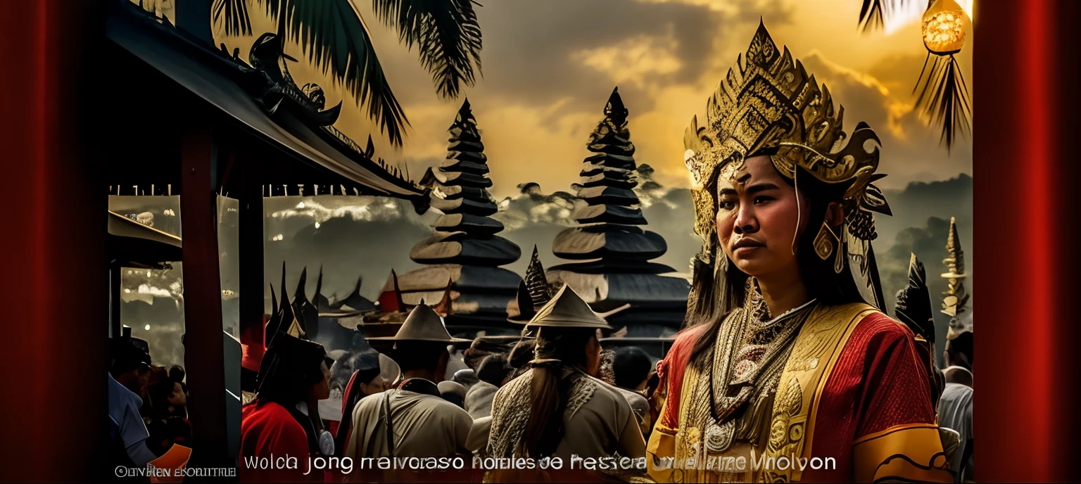 a close up of a person in a costume with a lot of people, javanese mythology, ancient indonesia, inspired by I Ketut Soki, indonesia national geographic, [ cinematic, inspired by Rudy Siswanto, indonesia, subtitles, taken in 2 0 2 0, by I Ketut Soki, arsitektur nusantara