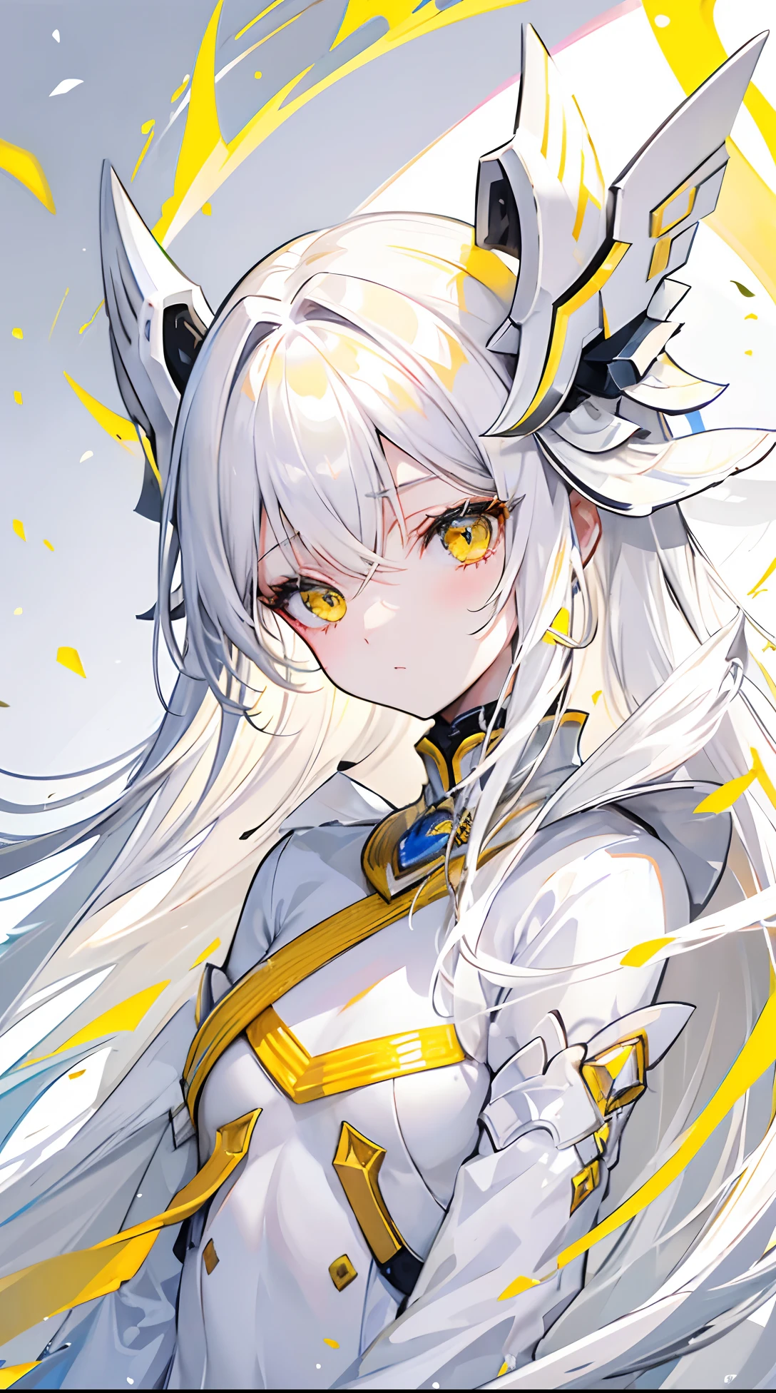 Yellow-white hair covered her long face like a helmet,Make his long face look like a small one,Lovely white clothes,It complements a variety of shades of yellow,There is a delicate makeup,shining face,Exquisite,Brilliant,Golden eyes,Feel like a sweet girl
