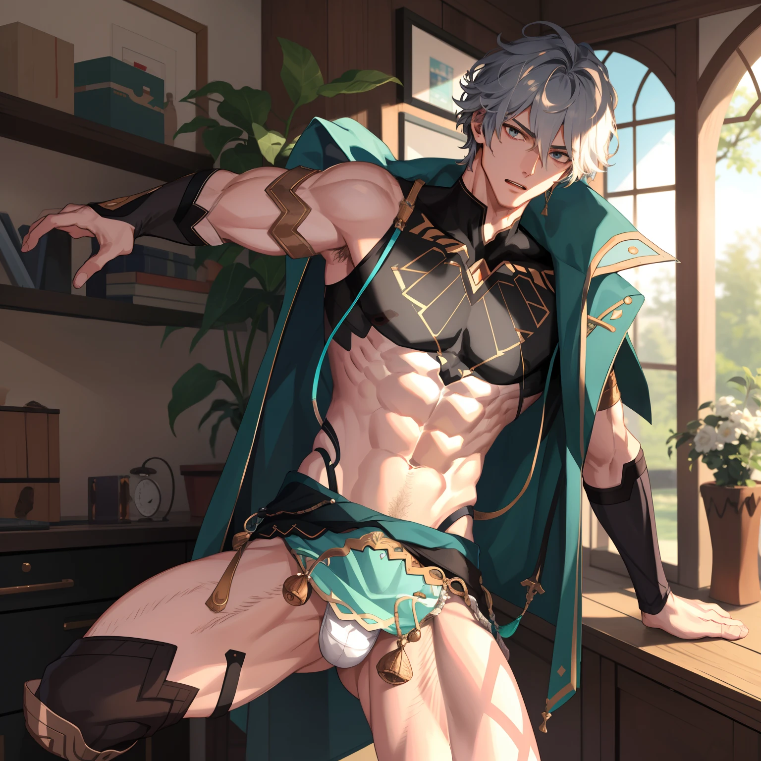 1 boy ,Libido boy,20yr old,Handsome,Raised sexy,k hd, tmasterpiece,8K,Wear a loincloth,Short socks,Nudity all over,Bare upper body,Bare lower body,massive bulge,Only a loincloth was worn,A sexy pose,Trembling,full-body view