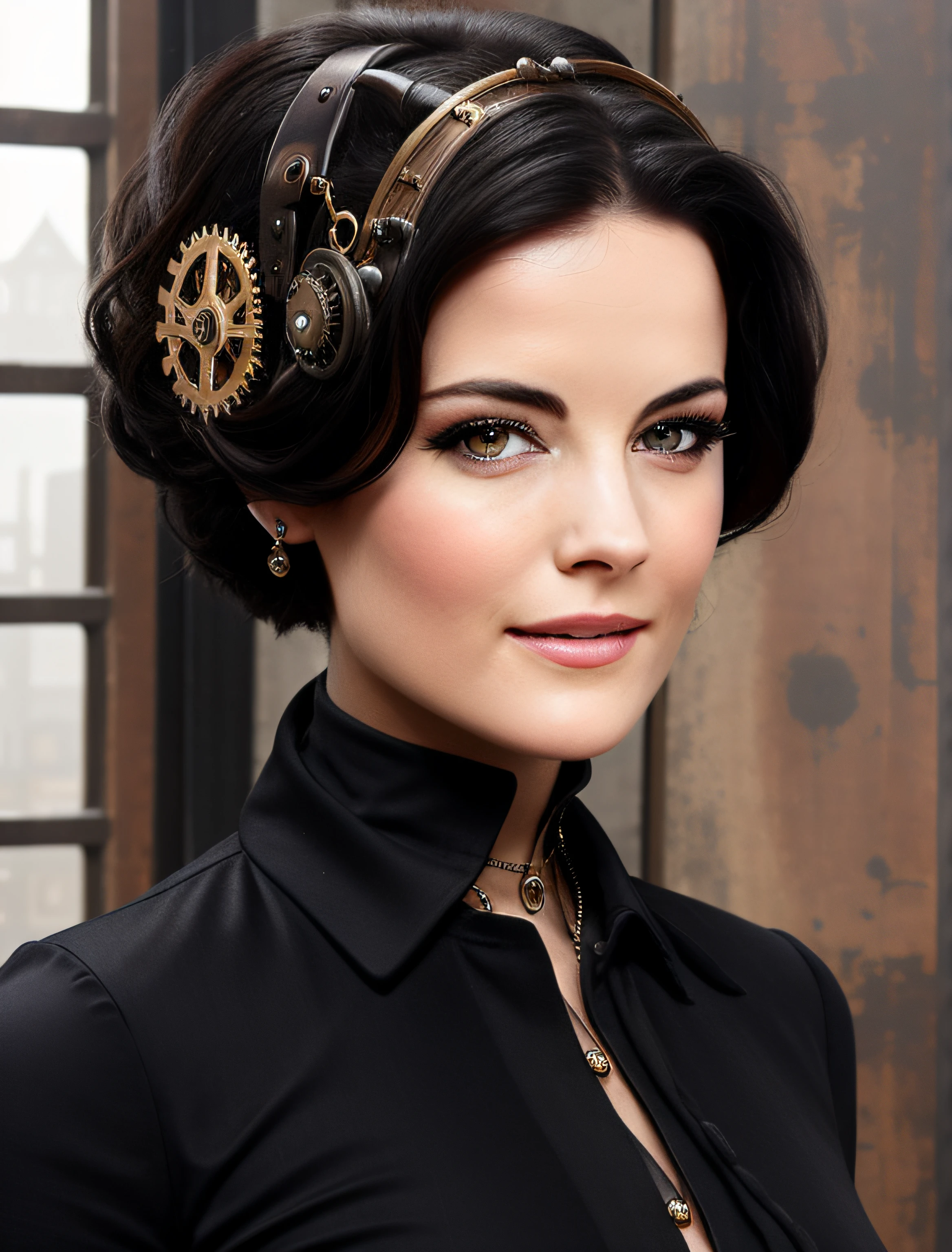 a beautiful woman, looking at viewer, in elegant dress, close up,  (Steampunk), Victorian era , steam-powered machines , gears , goggles