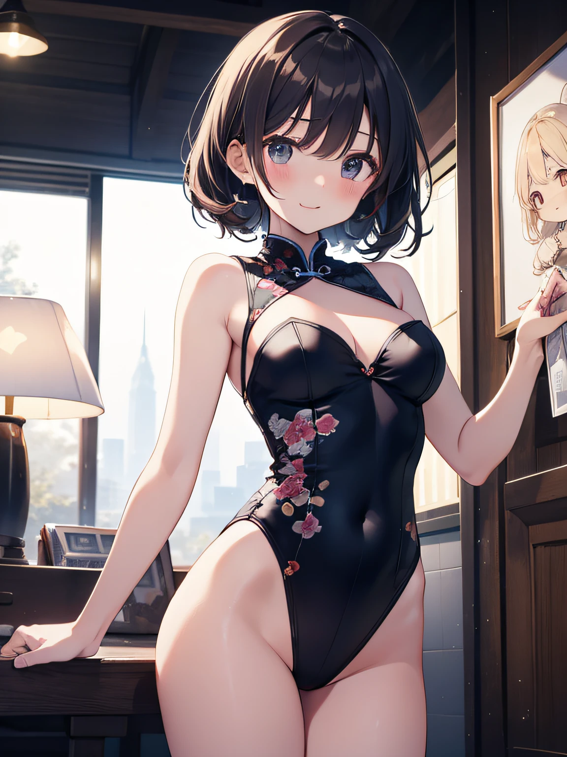 Beautiful illustration、top-quality、cute it girl、chineseidol、babce、Lotars and Stripes Leotard、lighting like a movie、cowboy shot、looking at the viewers、frombelow、Happiness