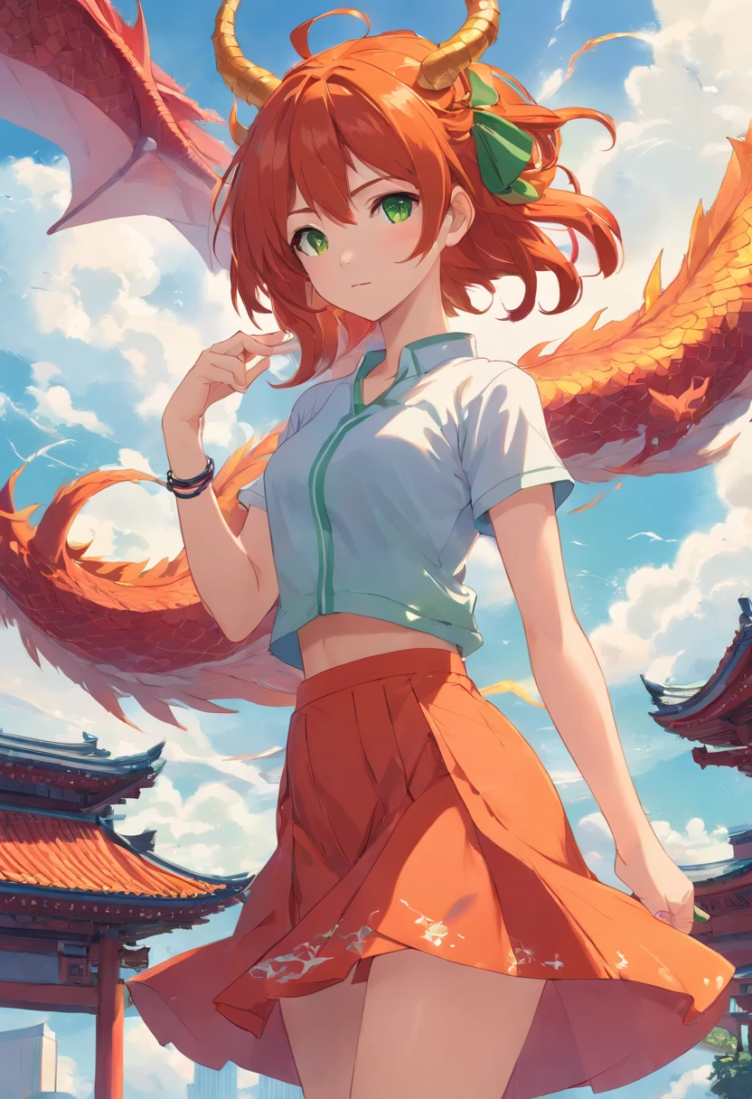 1female, Orange-red hair, Green eyes, the sky background, Red chinoiserie skirt and drooping dragon horns, Best quality, Detailed face, Detailed eyes