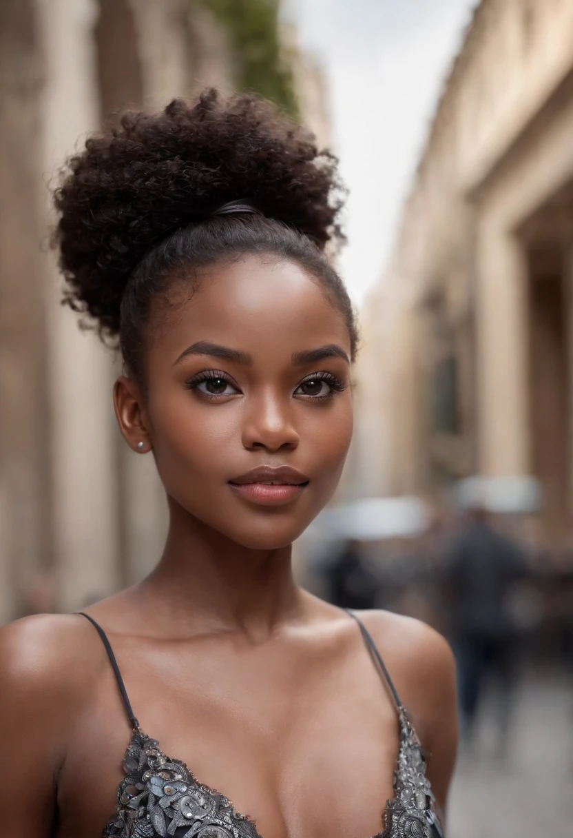 ((Dark African skin, Very deep ebony skin)), ((Its beauty is undeniable)), ((cute excited face)), ((Hyper detailed perfect eyes,)), ((pose mignonne)), ((Langue sortie)), ((Attirant )), sexy, (( Chemisier, shorts courts sexy)), ((Afro curly African hair afro ponytail afro,)), (( peau)), ((debout, vue de face)), ((dehors, Ville publique)), CGI ciblé, Fotorrealista, High detail, Realstic, Master part, Absurde, Best quality, Hdr, highly quality, high-definition, extremly detailed, 8k wallpaper, intricate high detail, 8K UHD, Full-HD, (photo realist:1.2), contraste, intense illumination, lighting cinematic, natural lighting, hard light, contre-jour, Illumination globale, occlusion ambiante