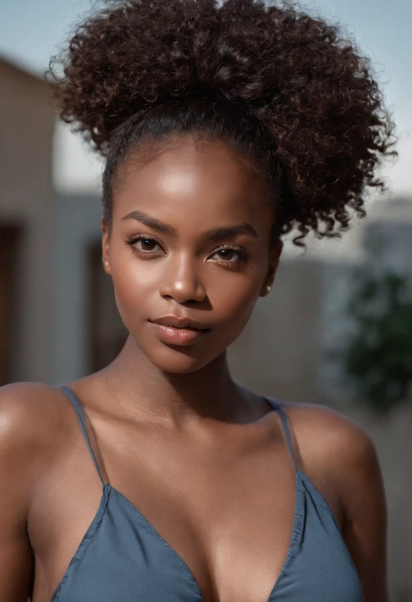 ((Dark African skin, Very deep ebony skin)), ((Its beauty is undeniable)), ((cute excited face)), ((Hyper detailed perfect eyes,)), ((pose mignonne)), ((Langue sortie)), ((Attirant )), sexy, (( Chemisier, shorts courts sexy)), ((Afro curly African hair afro ponytail afro,)), (( peau)), ((debout, vue de face)), ((dehors, Ville publique)), CGI ciblé, Fotorrealista, High detail, Realstic, Master part, Absurde, Best quality, Hdr, highly quality, high-definition, extremly detailed, 8k wallpaper, intricate high detail, 8K UHD, Full-HD, (photo realist:1.2), contraste, intense illumination, lighting cinematic, natural lighting, hard light, contre-jour, Illumination globale, occlusion ambiante