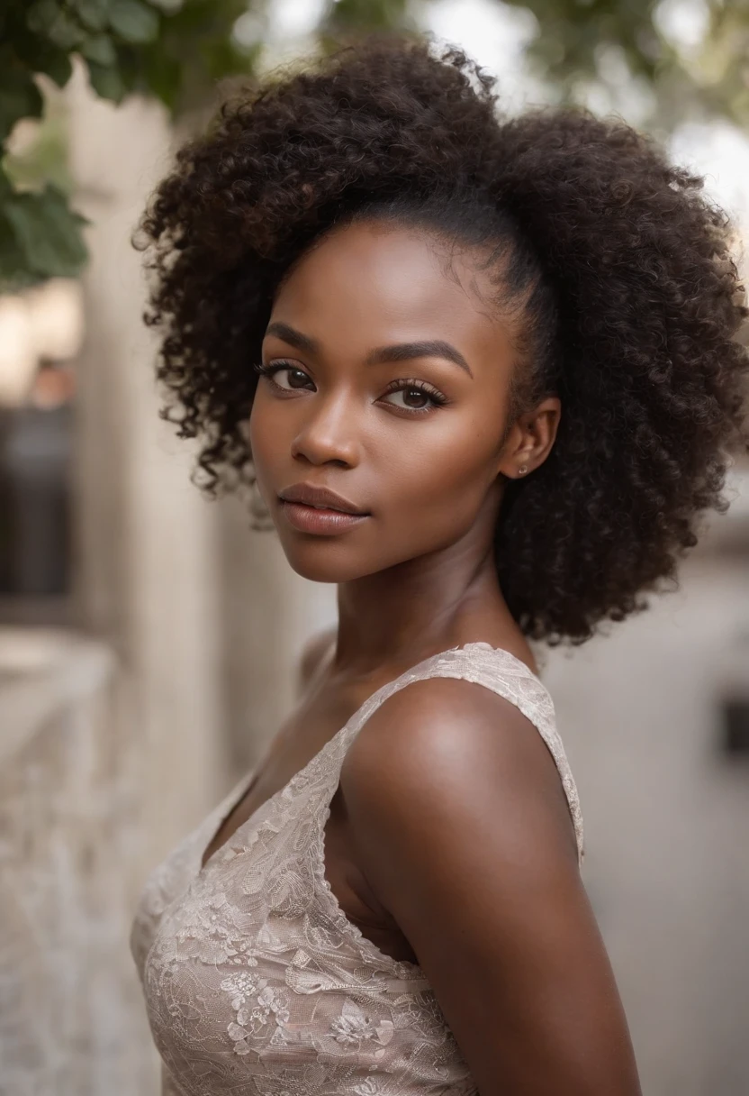 ((Dark African skin, Very deep ebony skin)), ((Its beauty is undeniable)), ((cute excited face)), ((Hyper detailed perfect eyes,)), ((pose mignonne)), ((Langue sortie)), ((Attirant )), sexy, (( Chemisier, shorts courts sexy)), ((Afro curly African hair afro ponytail afro,)), (( peau)), ((debout, vue de face)), ((dehors, Ville publique)), CGI ciblé, Fotorrealista, High detail, Realstic, Master part, Absurde, Best quality, Hdr, highly quality, high-definition, extremly detailed, 8k wallpaper, intricate high detail, 8K UHD, Full-HD, (photo realist:1.2), contraste, intense illumination, lighting cinematic, natural lighting, hard light, contre-jour, Illumination globale, occlusion ambiante