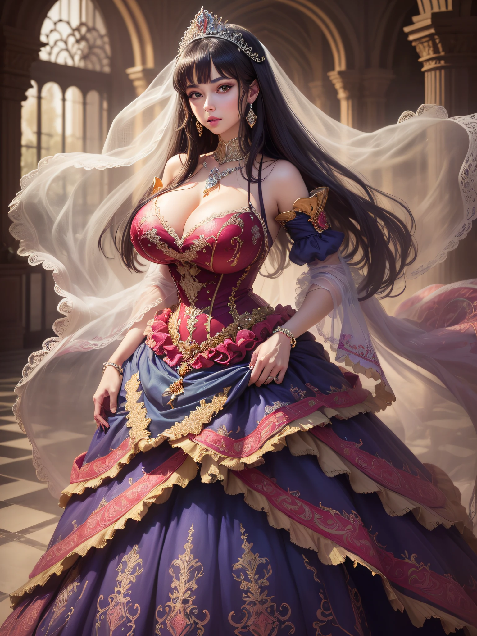 ((anime artstyle)),(Masterpiece),(Best Quality), (Super Detail),((Very Delicate and Beautiful)),cinematic lighting,1 lady,((full body portrait)),((standing in garden)),((solo)),(((1 princess in beautiful embroidery and jeweled extremely gorgeous princess rococo ballgown with voluminous full length hoop skirt))),((crinoline)),long train,((beautiful embroidery and jeweled)),voluminous frills,See-through,(gorgeous embroidery and beautiful lace),(((extremely gigantic tits,skindentation))),cleavage,((large amount of straight hair,extremely voluminous Hair,Very Long Straight Hair)),(finely detailed face and eyes),clear pupil,extremely gorgeousfull hair ornament,(bling-bling jeweled extremely gorgeousfull tiara),(bling-bling gorgeous gemstone jewelry),long veil,(beautiful background),(full body),((beautiful embroidery and jeweled extremely gorgeous princess rococo ballgown with voluminous full length hoop skirt))