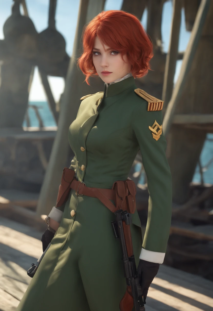 Absurd resolution, High resolution, (masutepiece: 1.4), Hyper-detailing, Weapons testing ground at an empty dock by the sea, 1 young woman, Short red hair, Soldier Costume, a very serious expression