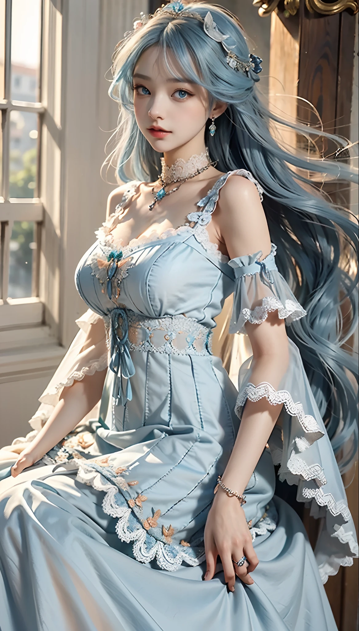 meticulous portrayal of face,1 noblewoman,(Lace orange Lolita maxi dress),(Long flowing light blue hair),Exquisite jewelry all over the body,Collar,Anklets,head chain,Lace-trimmed socks,(Lolita shoes), s the perfect face, perfect hand, Perfect Finger, Perfect lips, perfect eyes,Extremely normal body, Perfect background