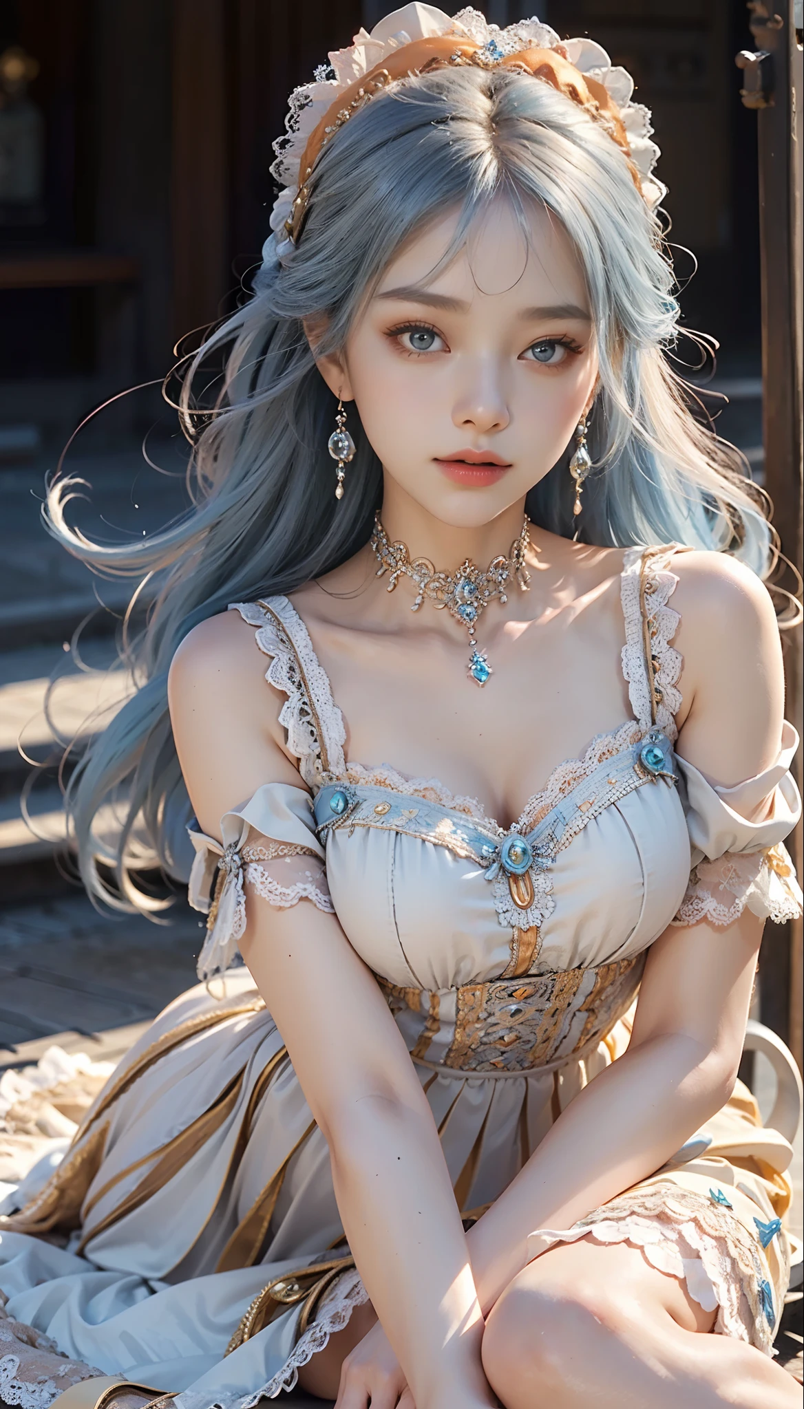 meticulous portrayal of face,1 noblewoman,(Lace orange ta maxi dress),(Long flowing light blue hair),Exquisite jewelry all over the body,Collar,Anklets,head chain,Lace-trimmed socks,(Lolihoes), s the perfect face, perfect hand, Perfect Finger, Perfect lips, perfect eyes,Extremely normal body, Perfect background