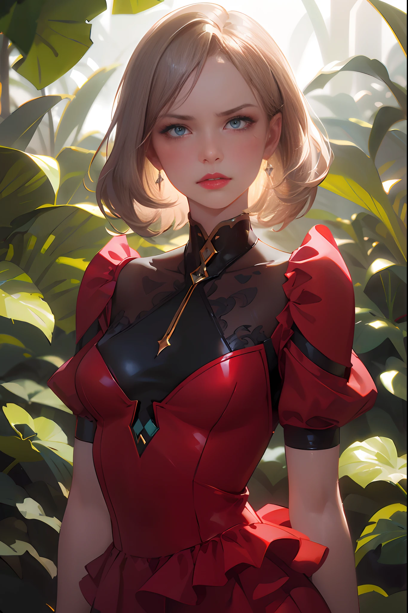 lndswgnr, (Sharp focus: 1.5), (sharp focus:1.2), photo, attractive young woman, (beautiful face:1.1), detailed eyes, luscious lips, (bold red lip colour:0.85), (medium breasts:1.0), (slim body:1.2), wearing (1980s peplum dress:1.2) in a (botanical garden:1.2). (moody lighting:1.2), depth of field, bokeh, 4K, HDR. by (James C. Christensen:1.2|Jeremy Lipking:1.1).