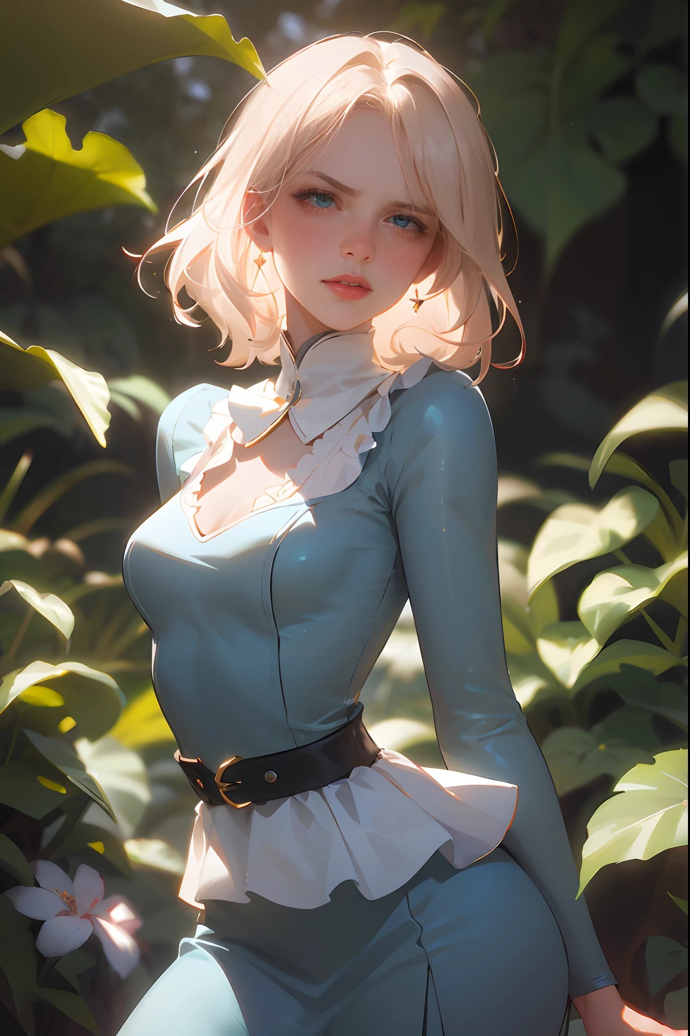 lndswgnr, (Sharp focus: 1.5), (sharp focus:1.2), photo, attractive young woman, (beautiful face:1.1), detailed eyes, luscious lips, (bold red lip colour:0.85), (medium breasts:1.0), (slim body:1.2), wearing (1980s peplum dress:1.2) in a (botanical garden:1.2). (moody lighting:1.2), depth of field, bokeh, 4K, HDR. by (James C. Christensen:1.2|Jeremy Lipking:1.1).