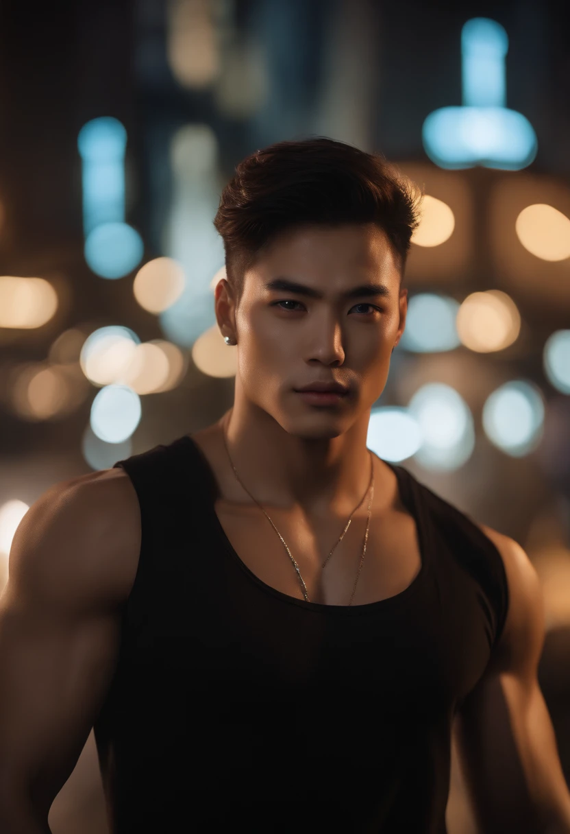 8K, Masterpiece, RAW photography, Best quality, Photorealistic, Highly detailed CG unity 8K wallpaper, Depth of field, Cinematic light, Lens flare, Ray tracing, (Extremely beautiful and attractive face, Beautiful lips, Beautiful eyes), intricate detailed face, (ultra detailed skin), 1 man, In nature, In deep shadows, Beautiful European male, Kpop idol, 1 male, (Very strong and muscular body:1.3), (looki at viewer), (Great firm look) :1.3), (Sleeveless), (Fashion night, Dark night, Neon signs, Blurred background), Fashion Street Night, (people in the back:1.3), Beautiful earrings, bangle, necklace, Pantyhose, Clear eyes, Walking, (Pale skin), (Big eyes), Face forward, (upperbody shots), (baggy clothes:1.3), (Brown hair), (Bosh costumes, (Transparent), (looki at viewer:1.3) Very strong ,, Turn around, (Back shot), Transparent, Medium sized buttocks.
