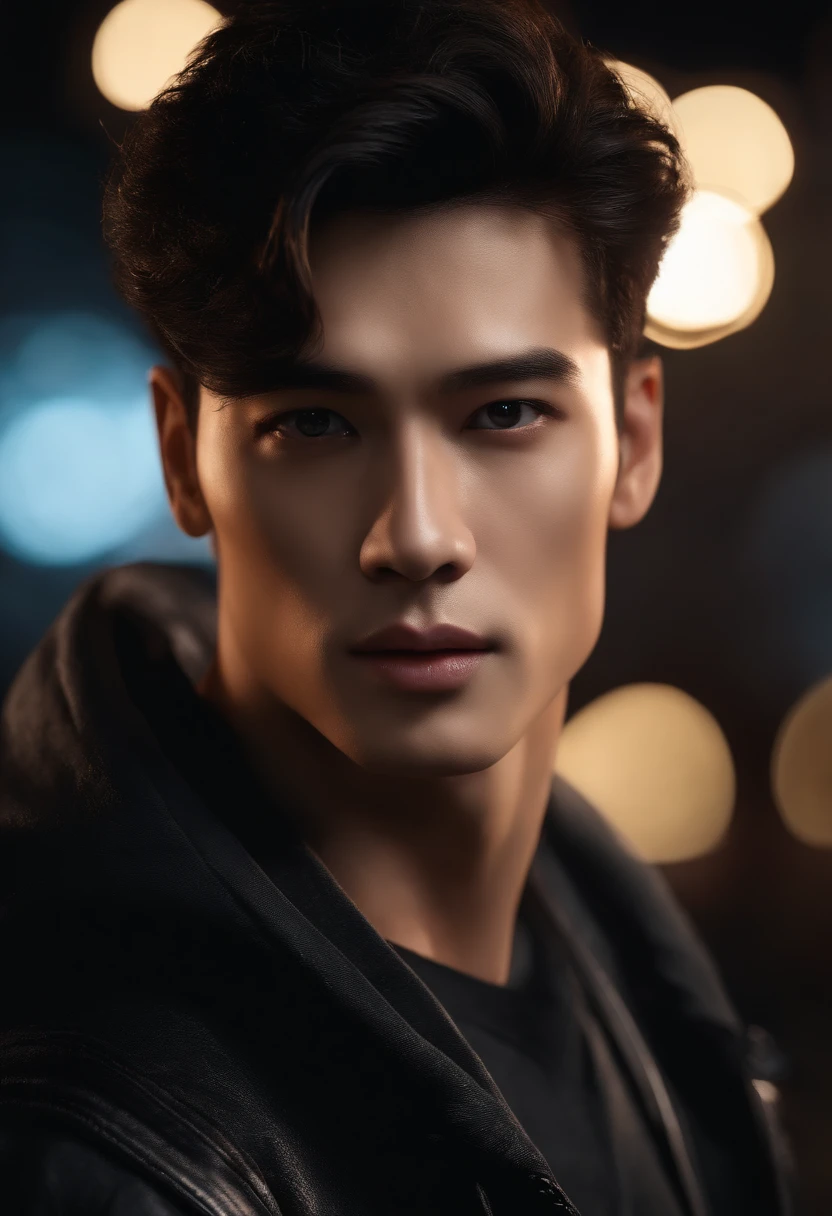 8k, masterpiece, RAW photography, best quality, photorealistic, highly detailed CG unity 8k wallpaper, depth of field, cinematic light, lens flare, ray tracing, (extremely beautiful and charismatic face, beautiful lips, beautiful eyes), intricately detailed face, (ultra detailed skin), 1 man, in nature, in deep shadows, beautiful European male, kpop idol, 1 male, (very strong and muscular body:1.3), (looking at audience), (great determined look) :1.3), (sleeveless), (fashion city night, dark night, neon signs, blurred background), black hoodie
