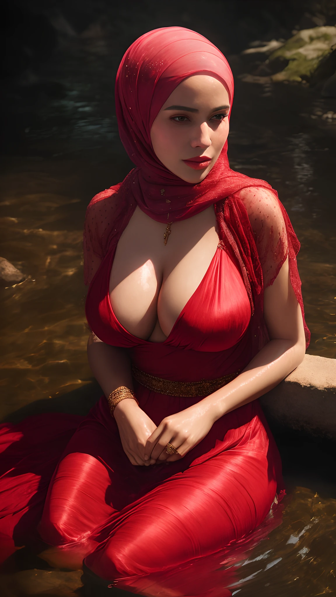 close-up portrait of a beautiful woman in hijab bathing in a river, wearing red net dress, big breast, showing large cleavage, reeds, (backlight), realistic, masterpiece, high quality, lens reflection, shadow, flower, [[chromatic aberration]], by Jeremy Lipking, by Antonio J. Manzanedo, digital painting,