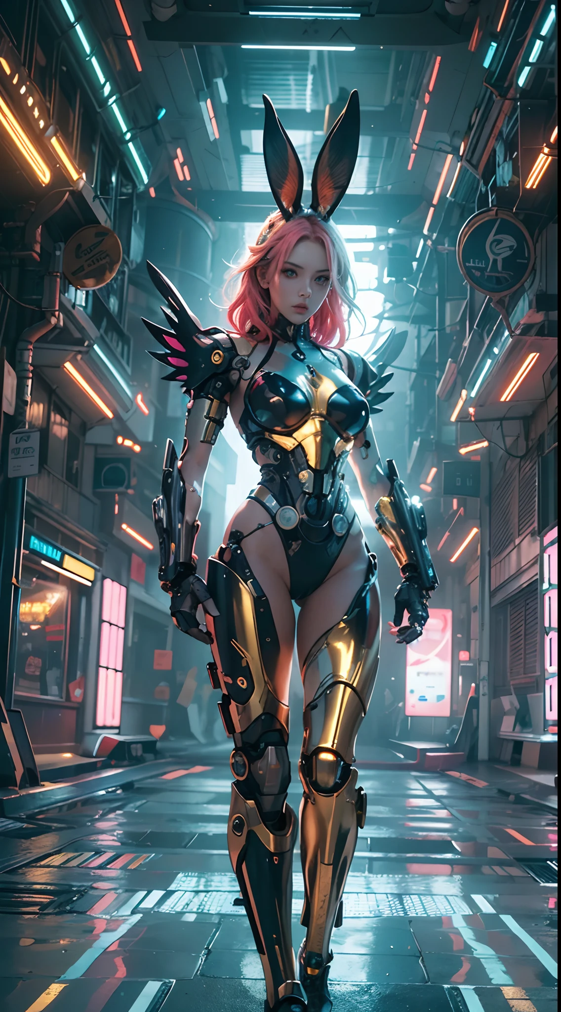 wide wide shot,(Best quality,Masterpiece:1.2),(Futuristic cyborg woman), Rabbit ears,bright colored hair,(A pair of huge feathered wings),the golden ratio,(Inside the metal mechanical gear body),(Footwear),Slim,Shiny metal。(Facing the lens,Central symmetry),standing on your feet,(No man's street),Vibrant colors,Light trails and neon lights in the background,Science fiction art style.The lighting is dramatic, Bright areas contrast strongly with deep shadows, creating a sense of depth and dimension. The overall composition is vibrant and captivating, Centered on cyborg girls, Exude power, Grace, There is also a touch of mystery.