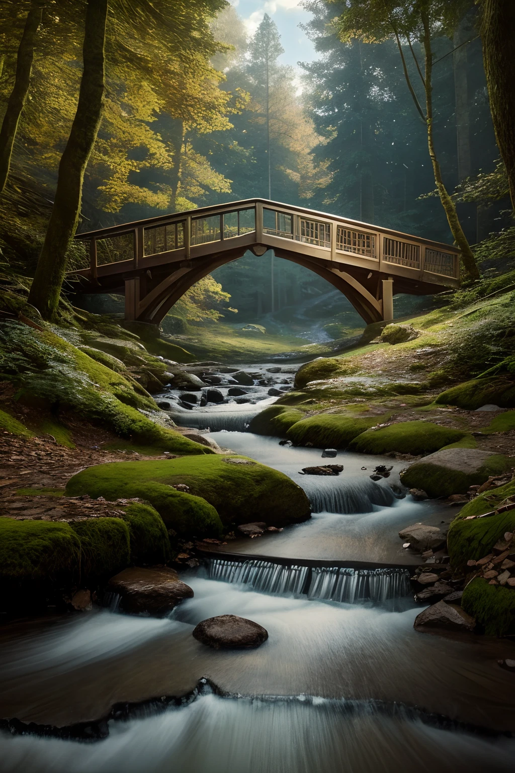 Highly detailed landscape of a forest bridge over a stream, clear photography, photorealistic, soft pastel colours, highly detailed, intricate, path tracing, illustration, insanely detailed, shadow mapping volumetric light, specular lighting