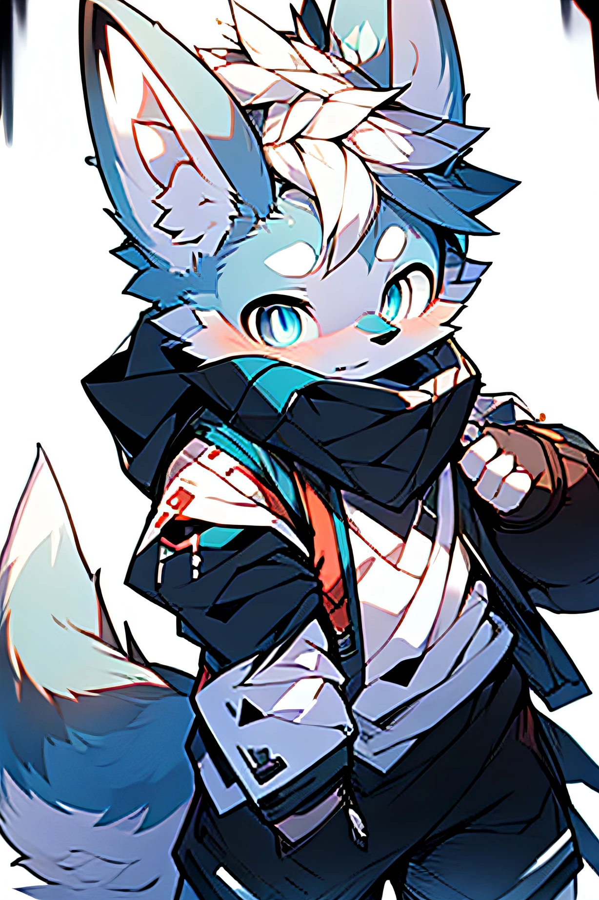 Cute boy, wolf ears, blue pupils, white hair, bust, armed, alone