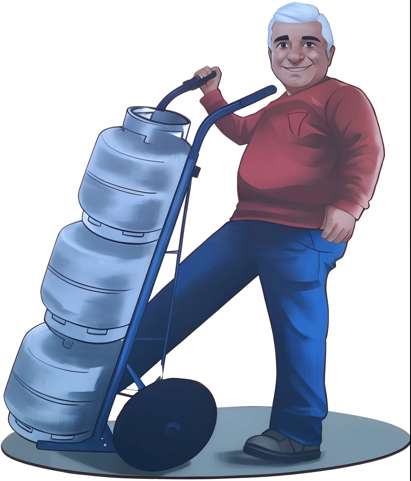 desenho animado de um homem empurrando um carrinho com uma grande pilha de glp, Harry Volk Estilo Clip Art, potrait de corpo inteiro segurando garrafa, Directed by: Ben Zoeller, Sidra - Homem, cidra-homem, carregando uma bandeja, Imagem promocional, pintado digitalmente, commercial illustration, carregando saco grande, illustration detailed, Jim Carrega, Arte Promocional, foto comercial, Beardless rendering, sem ocululos,