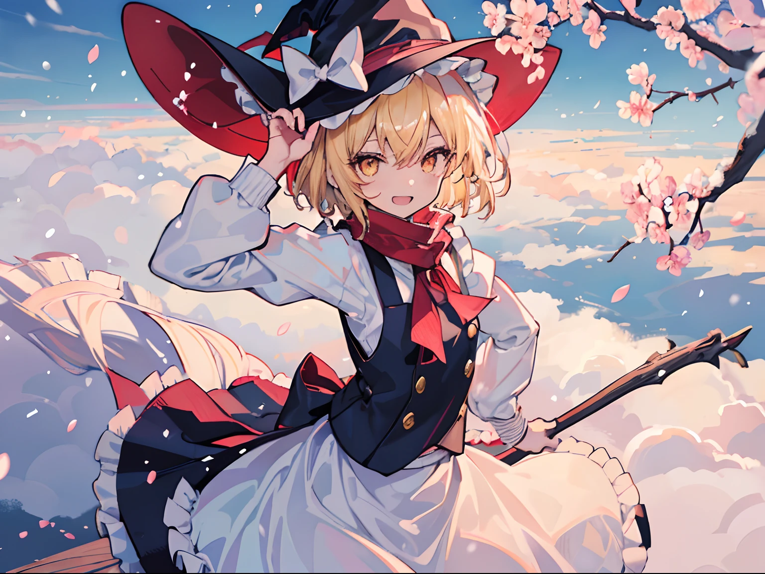 Short hair, cinematic background, kirisame marisa, 1girl, blonde hair, witch hat, yellow eyes, short hair, wolf cut, vest, apron, bow, long sleeves, crimson red scarf, hat bow, braid, puffy sleeves, skirt, flying, happy expression, girl riding on broomstick, glowing eyes, nice hands, beautiful hands ((in the sky, above clouds, cherry blossom petals and falling snow in the background