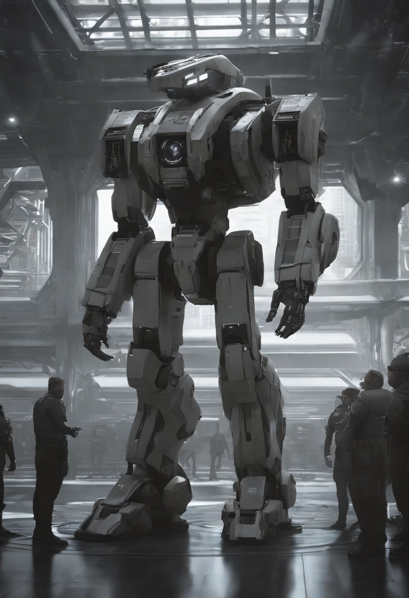 Mech standing, frontal de corpo inteiro, simples_Background Story, Branco_Background Story, Aço Reggie, metalic, areia preta, Laser vision, Owtech, scientific fiction, Estilizado, Ghibli, flat monochrome drawing, luz e sombra realistas, Cyberpunk, Futuristic, arte digital, best quality, graphic animation, SFW, setor estelar, science fiction style, Produto de alta tecnologia, scientific fiction, fantasia, Detalhe muito detalhado, pintura digital, trends on artstation, arte conceitual, foco nítido, illustration,