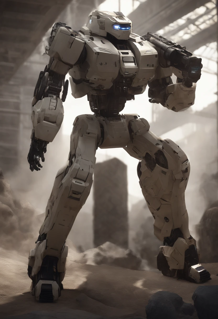Mech standing, frontal de corpo inteiro, simples_Background Story, Branco_Background Story, Aço Reggie, metalic, areia preta, Laser vision, Owtech, scientific fiction, Estilizado, Ghibli, flat monochrome drawing, luz e sombra realistas, Cyberpunk, Futuristic, arte digital, best quality, graphic animation, SFW, setor estelar, science fiction style, Produto de alta tecnologia, scientific fiction, fantasia, Detalhe muito detalhado, pintura digital, trends on artstation, arte conceitual, foco nítido, illustration,