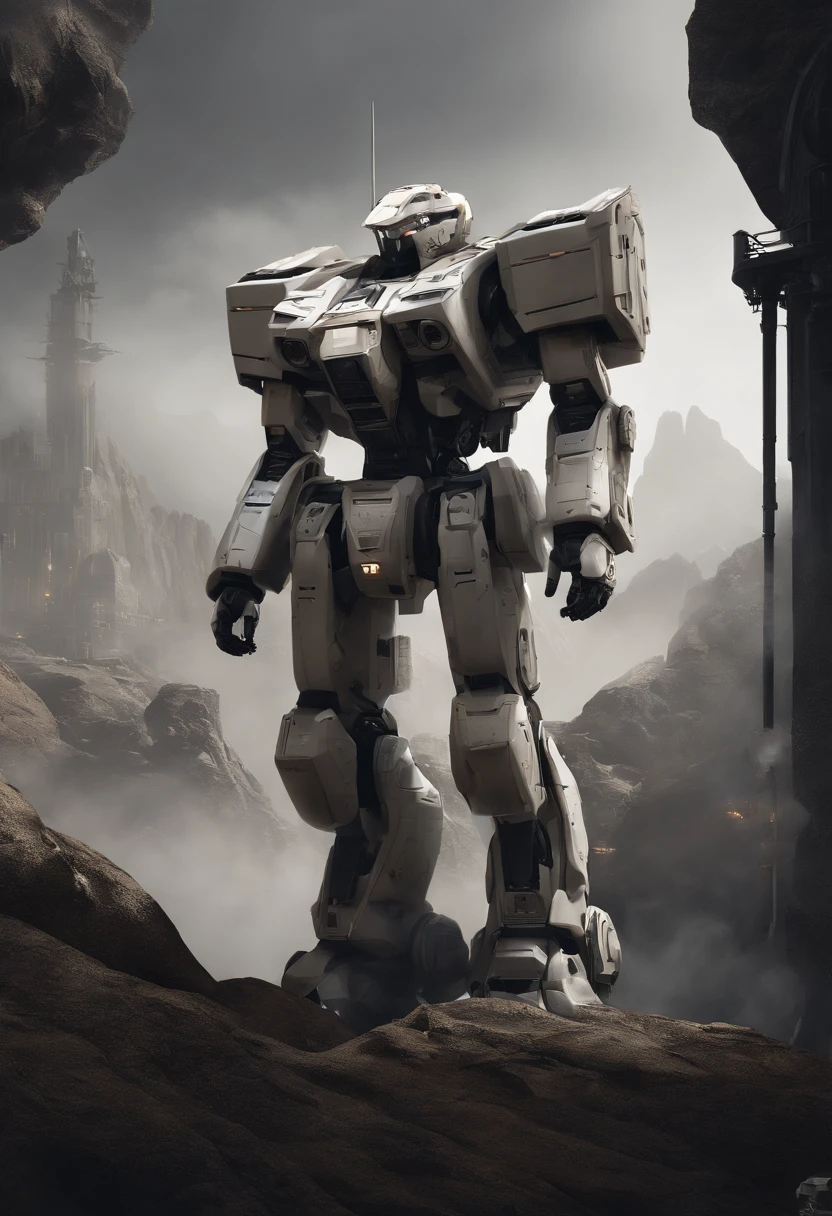 Mech standing, frontal de corpo inteiro, simples_Background Story, Branco_Background Story, Aço Reggie, metalic, areia preta, Laser vision, Owtech, scientific fiction, Estilizado, Ghibli, flat monochrome drawing, luz e sombra realistas, Cyberpunk, Futuristic, arte digital, best quality, graphic animation, SFW, setor estelar, science fiction style, Produto de alta tecnologia, scientific fiction, fantasia, Detalhe muito detalhado, pintura digital, trends on artstation, arte conceitual, foco nítido, illustration,
