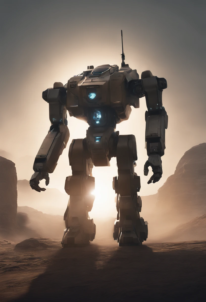 Mech standing, frontal de corpo inteiro, simples_Background Story, Branco_Background Story, Aço Reggie, metalic, areia preta, Laser vision, Owtech, scientific fiction, Estilizado, Ghibli, flat monochrome drawing, luz e sombra realistas, Cyberpunk, Futuristic, arte digital, best quality, graphic animation, SFW, setor estelar, science fiction style, Produto de alta tecnologia, scientific fiction, fantasia, Detalhe muito detalhado, pintura digital, trends on artstation, arte conceitual, foco nítido, illustration,