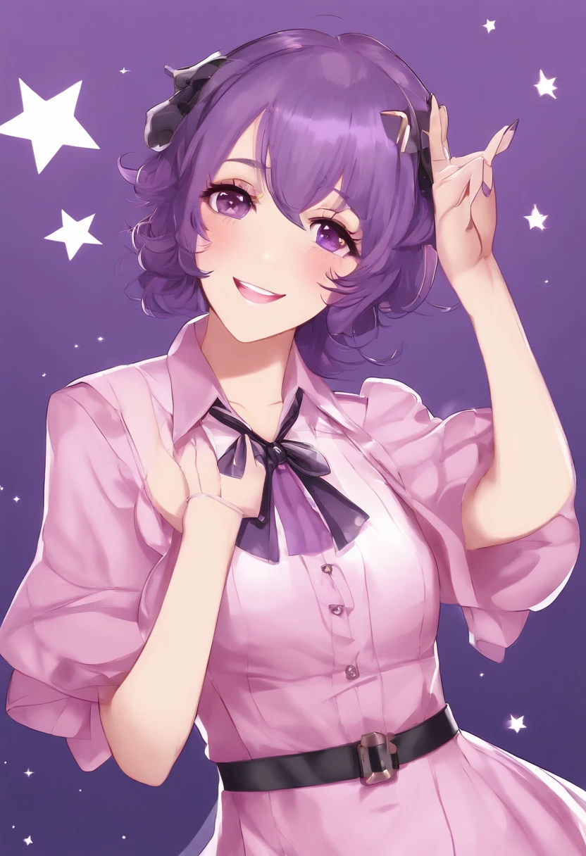 Hosino Ai, gloves, tongue sticking out, tongue, long hair, star (symbol), watch viewer, (purple hair: 1.2), purple eyes, upper body, hair ornament, ruffles, pink shirt, smile, sleeveless, shirt, idol, symbol shaped pupil, hands raised, bangs, one side up, star-shaped pupils, arms raised, dresspull, roaring twenties, isometric, from above, full body, rembrandt, Illustration, detail, depth of field, looking at the viewer, peace sign, hand raised, tongue out, highest quality, high resolution.