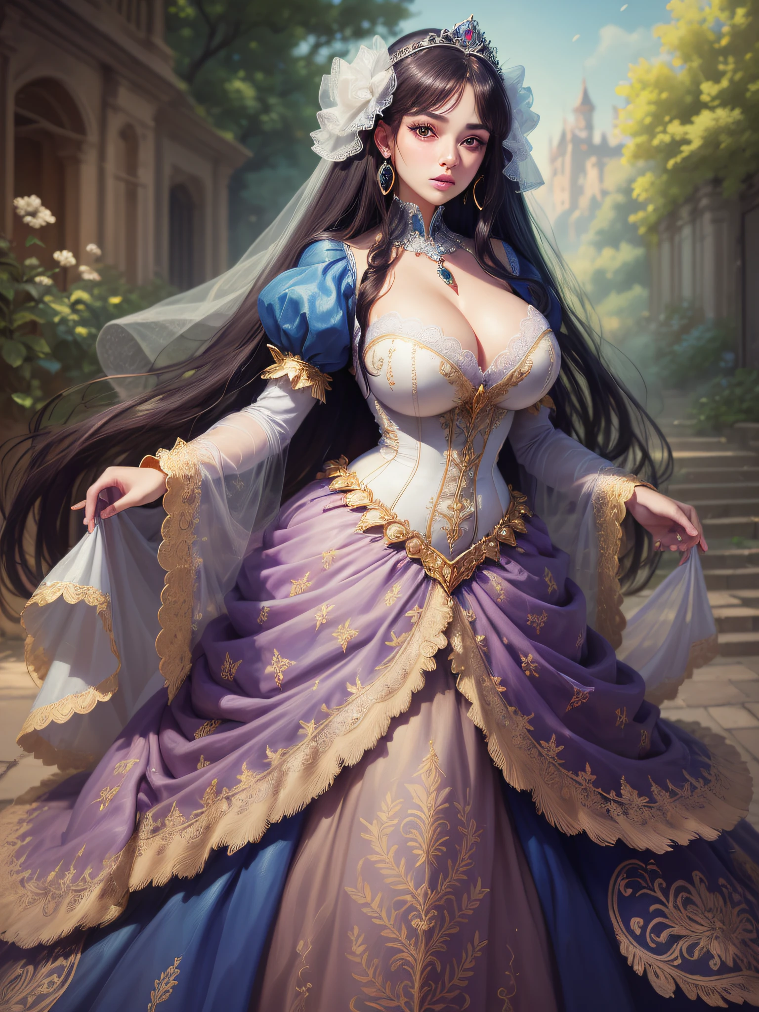 ((anime artstyle)),(Masterpiece),(Best Quality), (Super Detail),((Very Delicate and Beautiful)),cinematic lighting,1 lady,((full body portrait)),((standing in garden)),((solo)),(((1 princess in beautiful embroidery and jeweled extremely gorgeous princess rococo ballgown with voluminous full length hoop skirt))),((crinoline)),long train,((beautiful embroidery and jeweled)),voluminous frills,See-through,(gorgeous embroidery and beautiful lace),(((extremely gigantic tits,skindentation))),cleavage,((large amount of straight hair,extremely voluminous Hair,Very Long Straight Hair)),(finely detailed face and eyes),clear pupil,extremely gorgeousfull hair ornament,(bling-bling jeweled extremely gorgeousfull tiara),(bling-bling gorgeous gemstone jewelry),long veil,(beautiful background),(full body),((beautiful embroidery and jeweled extremely gorgeous princess rococo ballgown with voluminous full length hoop skirt))