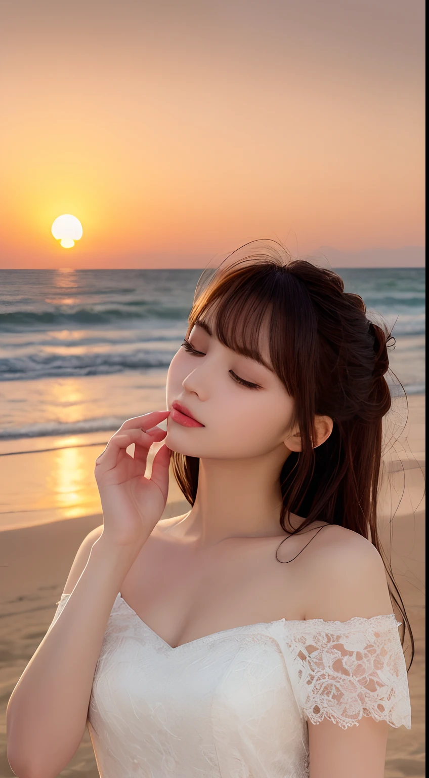 masutepiece, Best Quality, Illustration, Ultra-detailed, finely detail, hight resolution, 8K Wallpaper, Perfect dynamic composition, Beautiful detailed eyes, Wear a dress, Natural Color Lip,Beach, Random and cute poses, Kissing face,Close your eyes,Face Kiss Viewer,Perfect and beautiful face,Cute,Sexy face,Raise chin,Sunset,A face that felt ecstasy,Make a face that feels like a woman