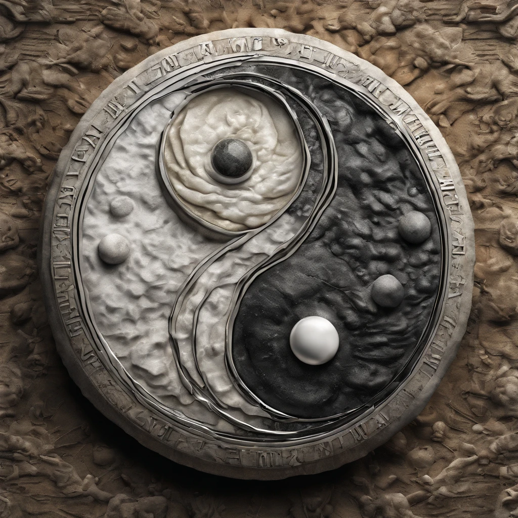 yin yang concept, time travelling transaction stone age era to modern era.