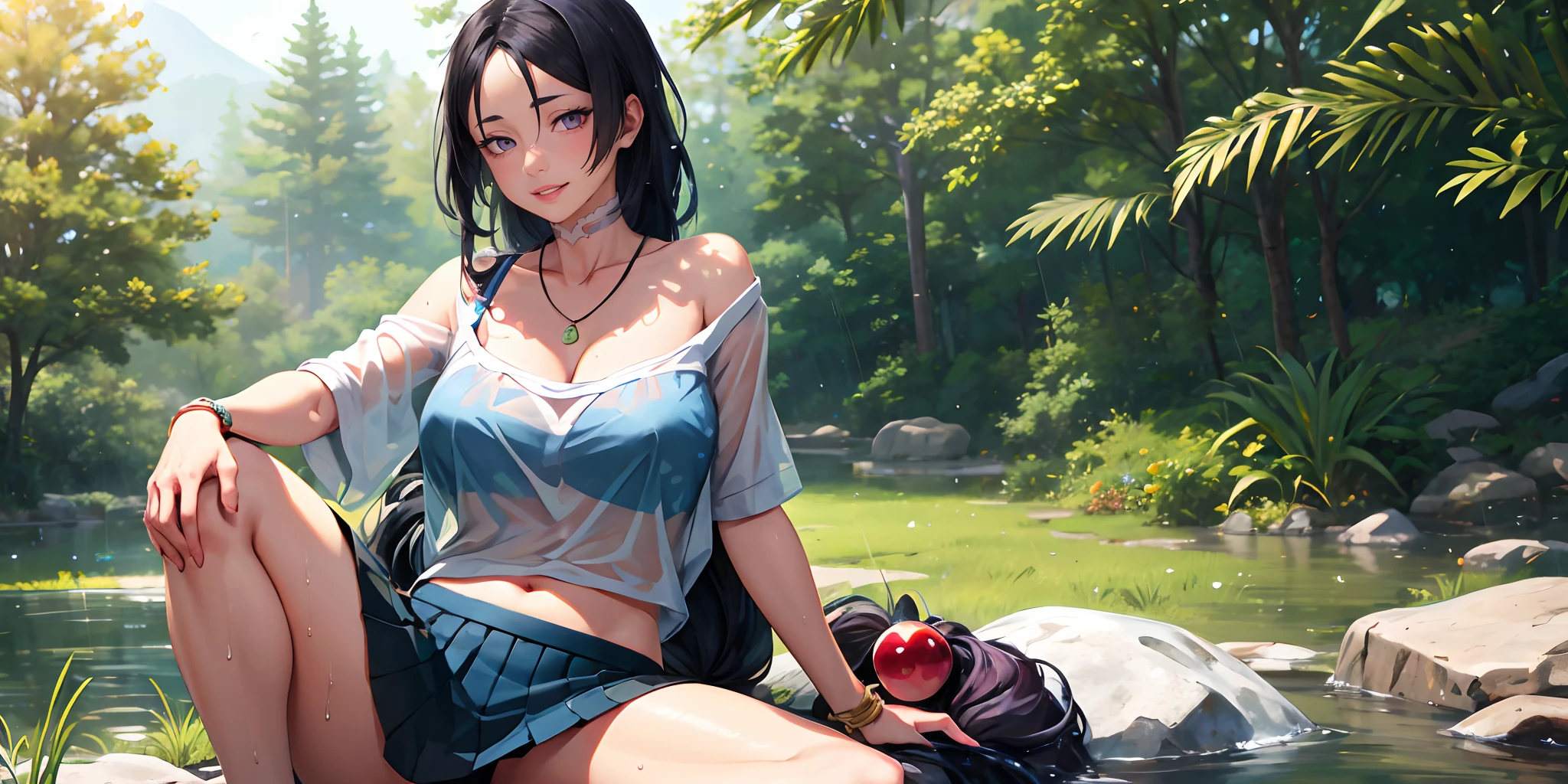 hmmr1, minamoto no raikou (fate), (long hair, dark blue hair:1.6), see-through, navel, breasts, 1girl, wet_clothes, jewelry, wet, necklace, large_breasts, tree, nature, skirt, solo, outdoors, day, bracelet, bare_shoulders, collarbone, pleated_skirt, looking_at_viewer, water, shirt, wet_shirt, lips, forest, dutch_angle, thighs, rock, sitting, parted_lips, plant, sunlight, Photorealistic, Hyperrealistic, Hyperdetailed, analog style, soft lighting, subsurface scattering, realistic, heavy shadow, masterpiece, best quality, ultra realistic, 8k, golden ratio, Intricate, High Detail, film photography, soft focus