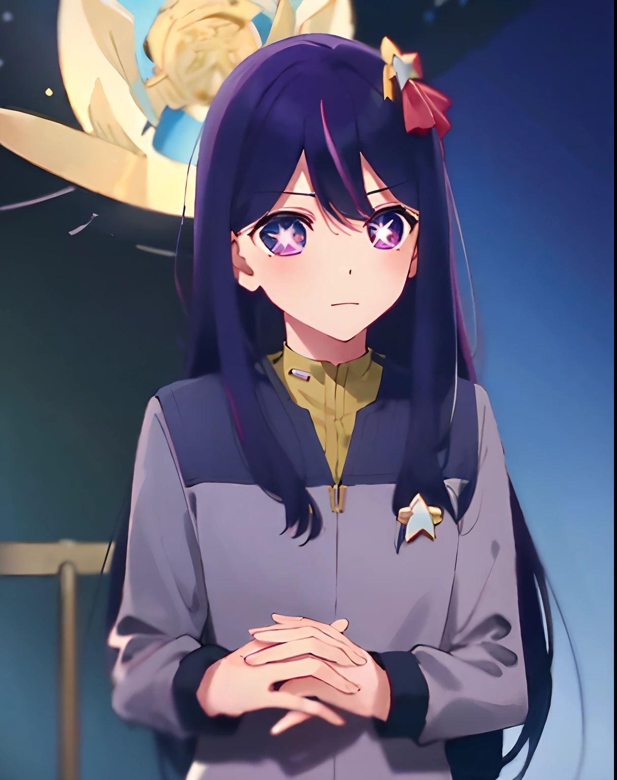fullbody fullframe  Hoshino Ai, long hair, purple hair, streaked hair ,purple eyes, star-shaped pupils, hair ornament, klingon
forehead ridge
thick eyebrows
dark skin stash armour grumpy expressive emotions