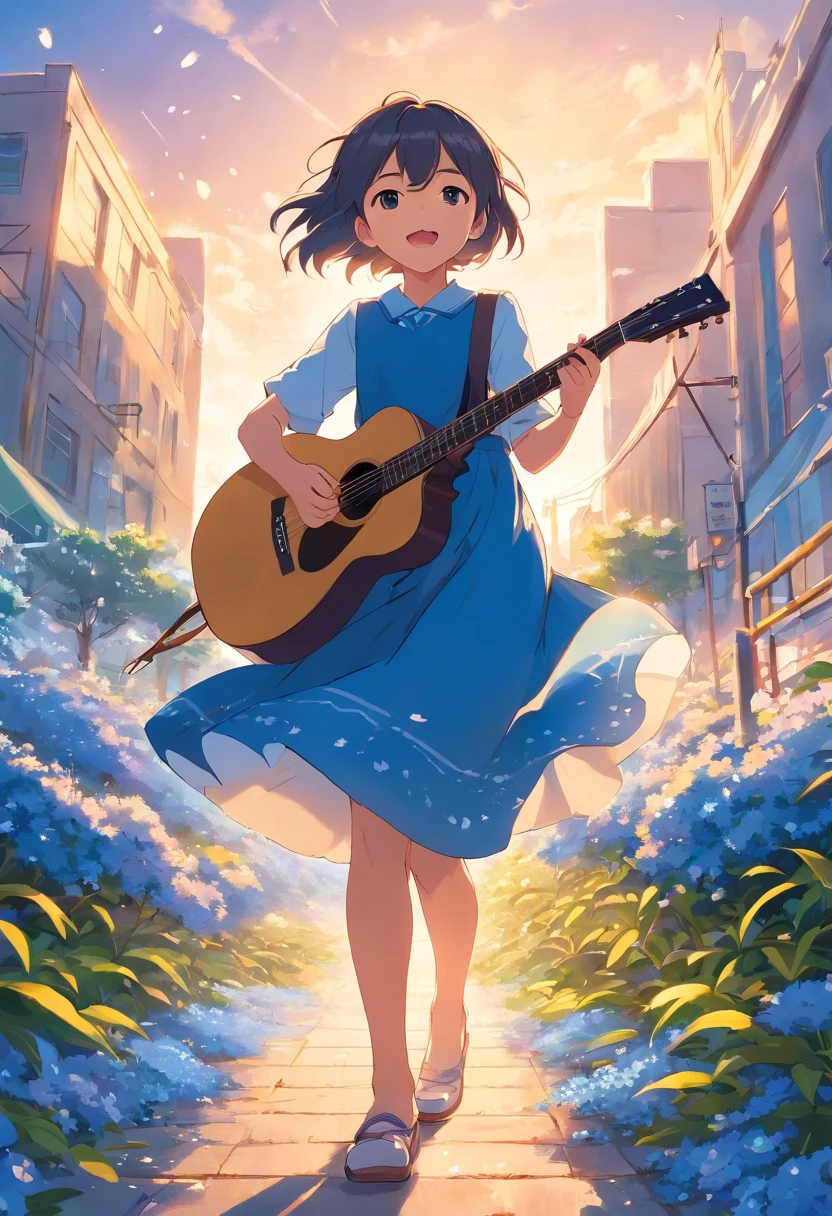 5 years old girl, wears with a blue dress, Sing with a guitar, little blue blossoms are falling all over the sky,