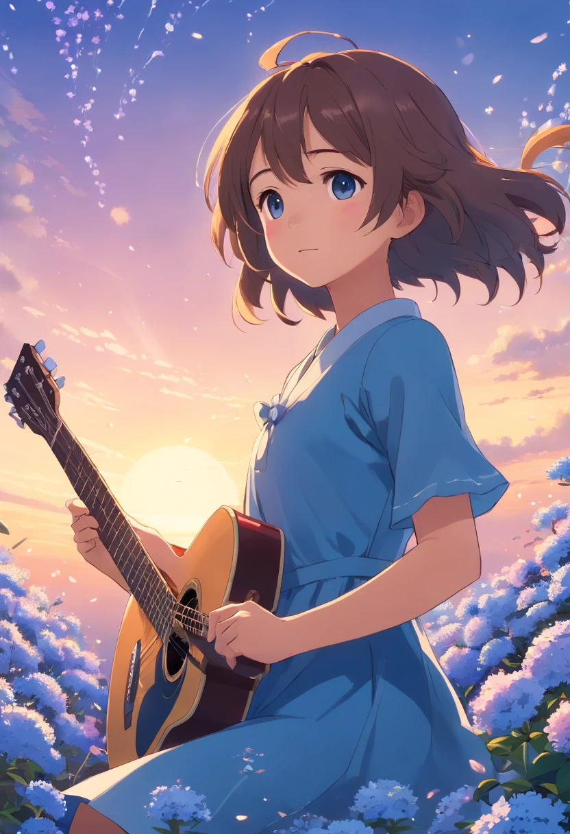 5 girl, wears with a blue dress, Sing with a guitar, little blue blossoms are falling all over the sky,