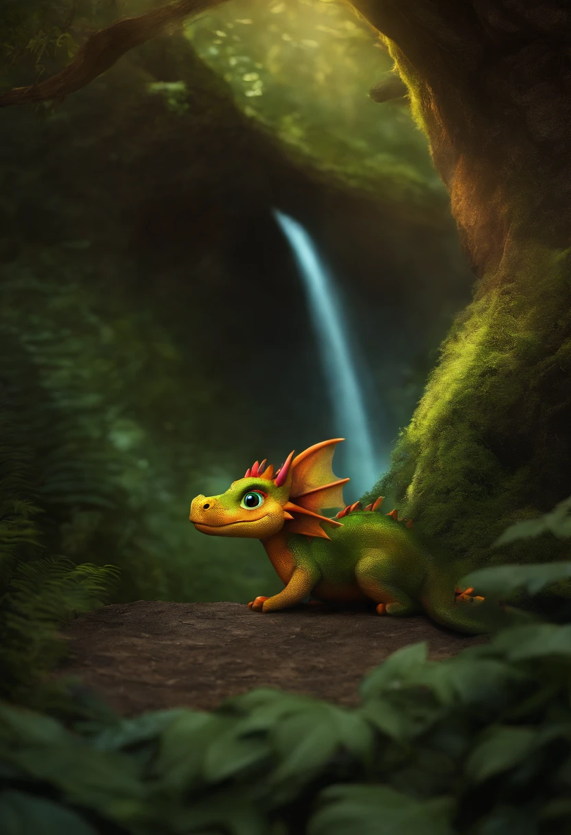 Ember the dragon lived in a small cave in the forest. She was a curious and adventurous dragon, and she loved to explore the woods around her. One day, Ember was exploring a new part of the forest when she came across a strange hole in the ground.