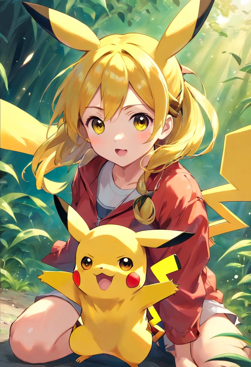 Pikachu is playful and cute，Liveliness and agility，Yellow soft hairs，red blush，sparkling big eyes，Cute little pointed ears。(Pikachu:1.5)