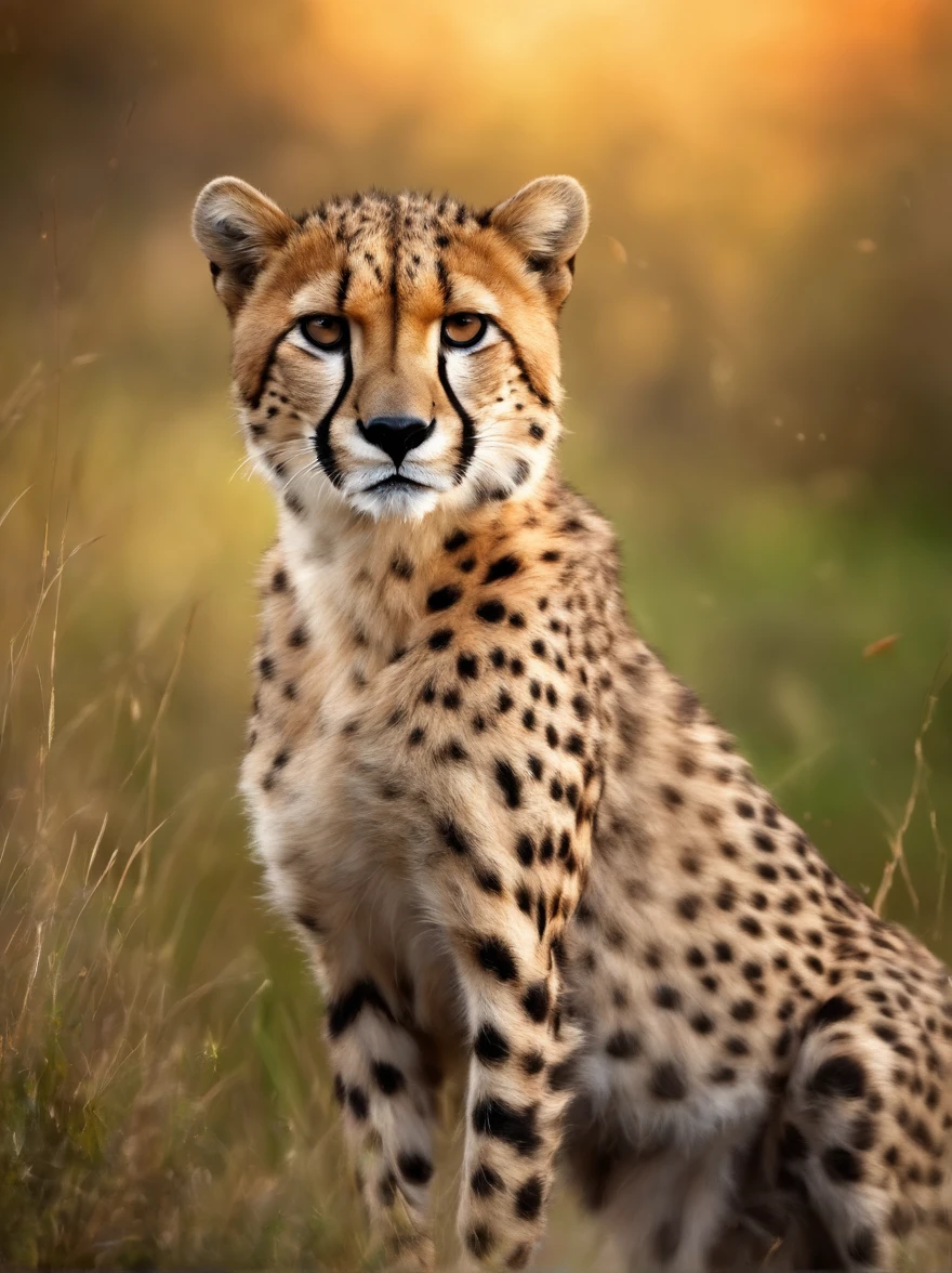 (best quality,4k,8k,highres,masterpiece:1.2),ultra-detailed,(realistic,photorealistic,photo-realistic:1.37),cheetah in the wild,wildlife,beautiful detailed fur,graceful movement,leaping into action,sharp focus,endangered species,natural habitat,african savannah,roaming freely,hunting instinct,strong and powerful,speed and agility,striking spots,blurred motion background,stunning sunset lighting,vivid colors,bokeh
