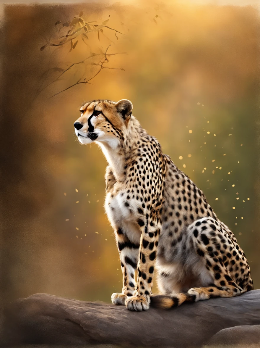 (best quality,4k,8k,highres,masterpiece:1.2),ultra-detailed,(realistic,photorealistic,photo-realistic:1.37),cheetah in the wild,wildlife,beautiful detailed fur,graceful movement,leaping into action,sharp focus,endangered species,natural habitat,african savannah,roaming freely,hunting instinct,strong and powerful,speed and agility,striking spots,blurred motion background,stunning sunset lighting,vivid colors,bokeh