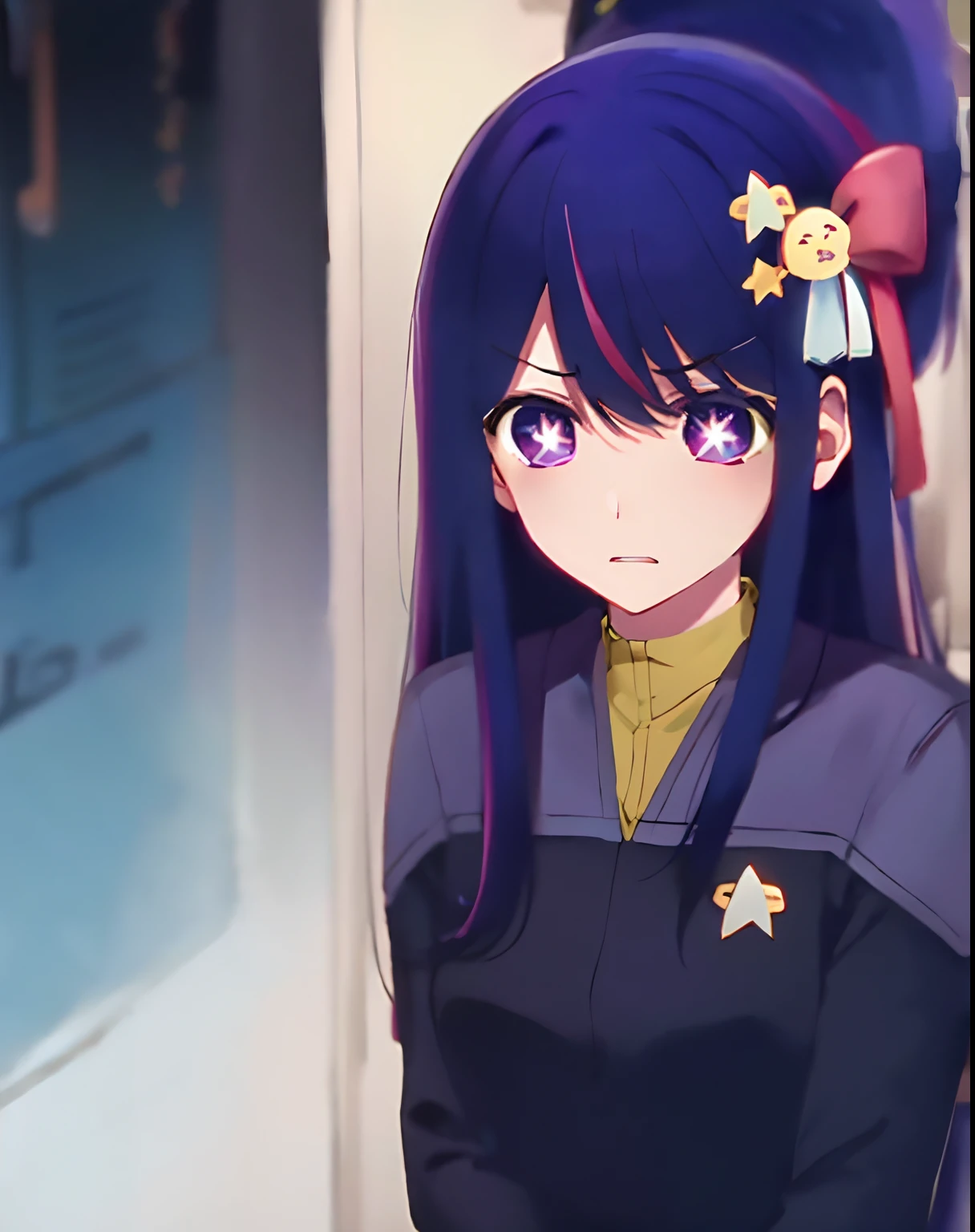Hoshino Ai, worry scared panic expression long hair, purple hair, streaked hair ,purple eyes, star-shaped pupils, hair ornament, wearing ds9st uniform standing on a federation starsship bridge intiror