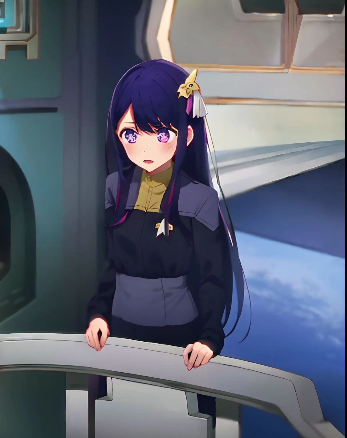 fullbody fullframe  Hoshino Ai, long hair, purple hair, streaked hair ,purple eyes, star-shaped pupils, hair ornament, klingon
forehead ridge
thick eyebrows
dark skin stash armour grumpy expressive emotions