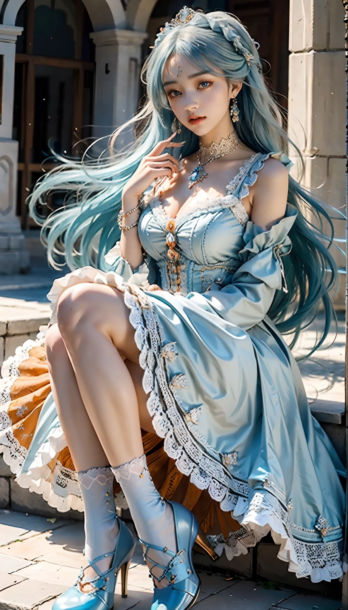 meticulous portrayal of face，1 noblewoman，(Lace orange Lolita maxi dress)，(Long flowing light blue hair)，Exquisite jewelry all over the body，Collar，Anklets，head chain，Lace-trimmed socks，(Lolita shoes)， s the perfect face， perfect hand， Perfect Finger， Perfect lips， perfect  eyes，Extremely normal body， Perfect background