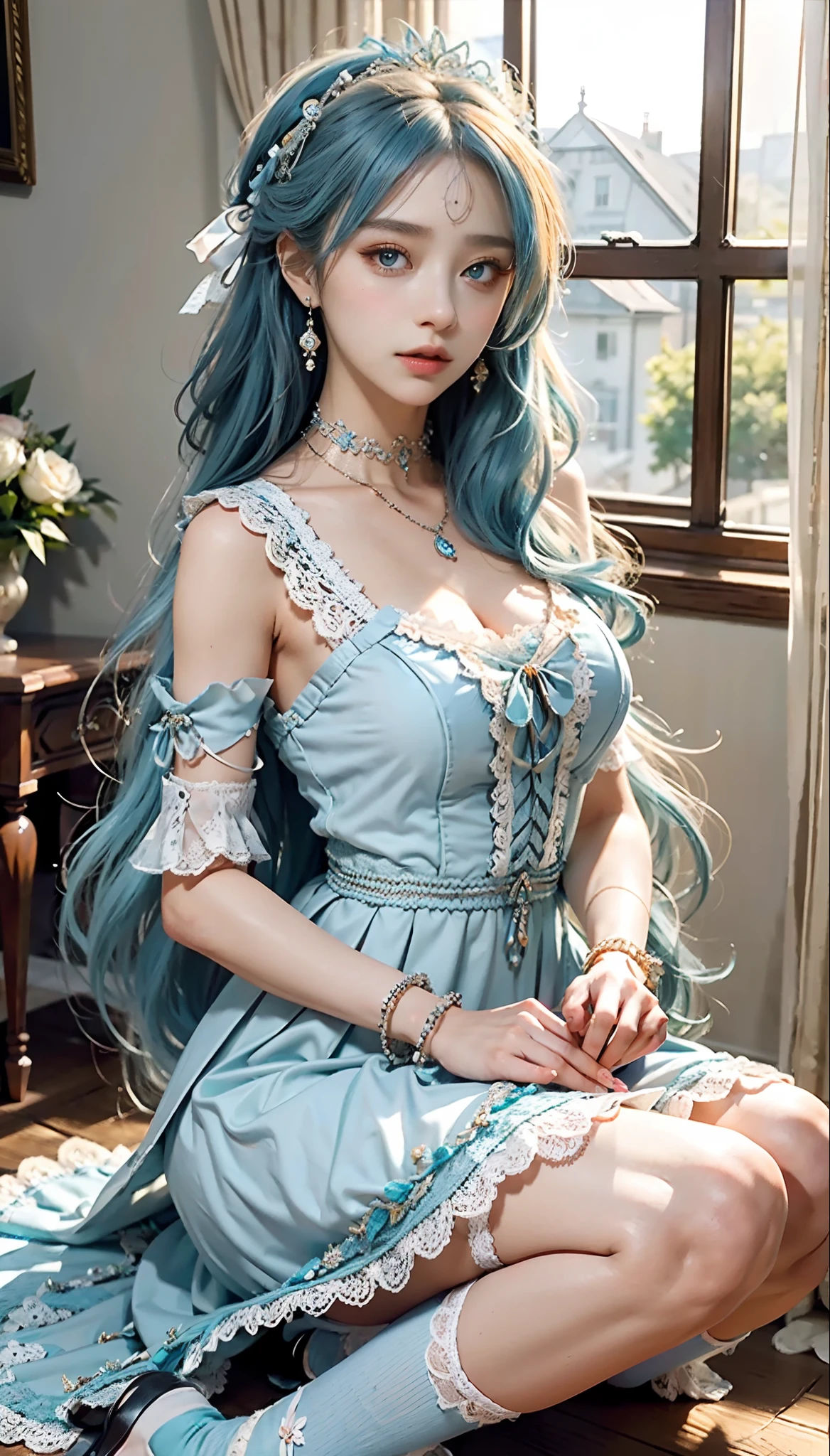 meticulous portrayal of face,1 noblewoman,(Lace orange Lolita maxi dress),(Long flowing light blue hair),Exquisite jewelry all over the body,Collar,Anklets,head chain,Lace-trimmed socks,(Lolita shoes), s the perfect face, perfect hand, Perfect Finger, Perfect lips, perfect eyes,Extremely normal body, Perfect background
