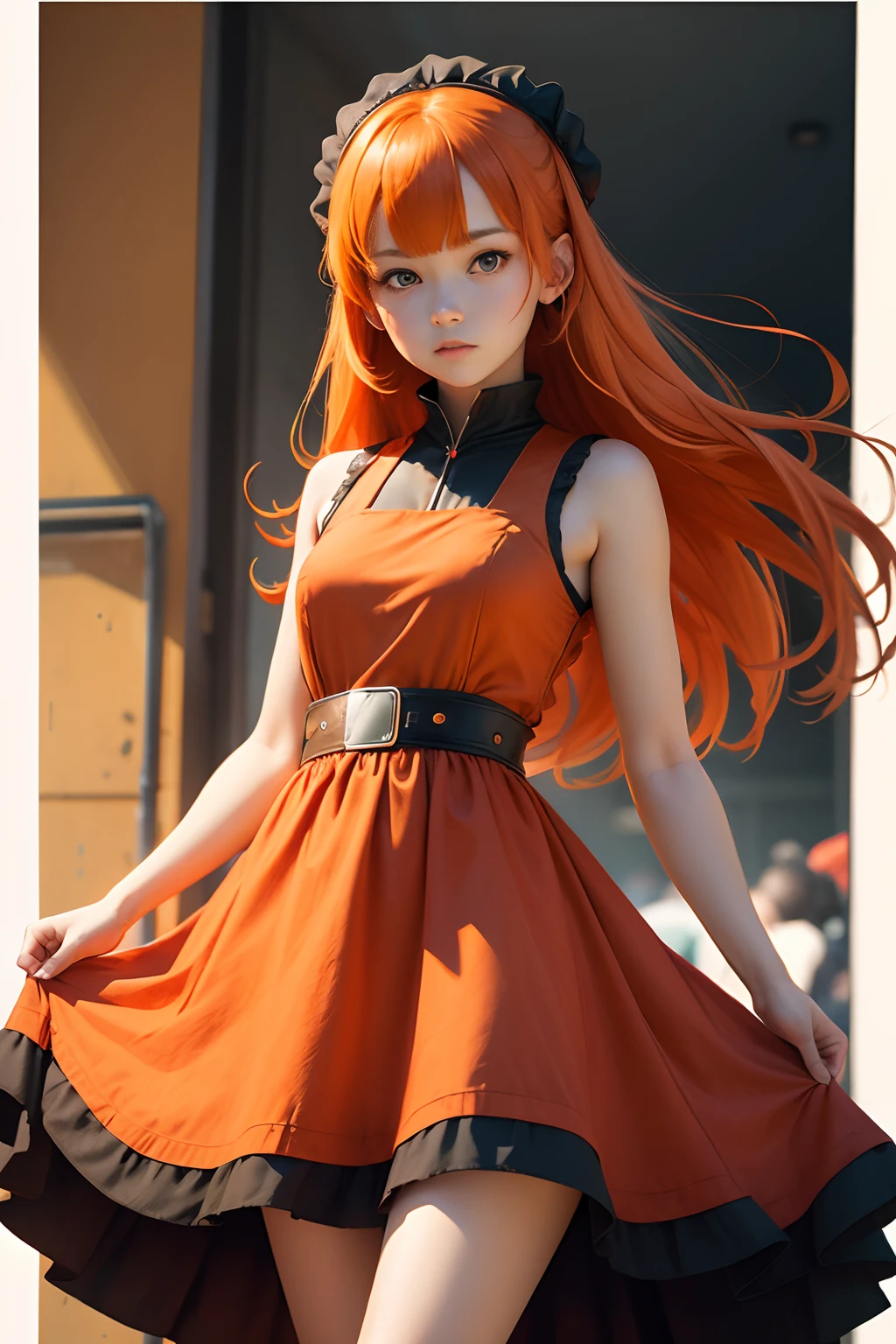 1girl, orange hair, red eyes, dress, (solo:1.3),