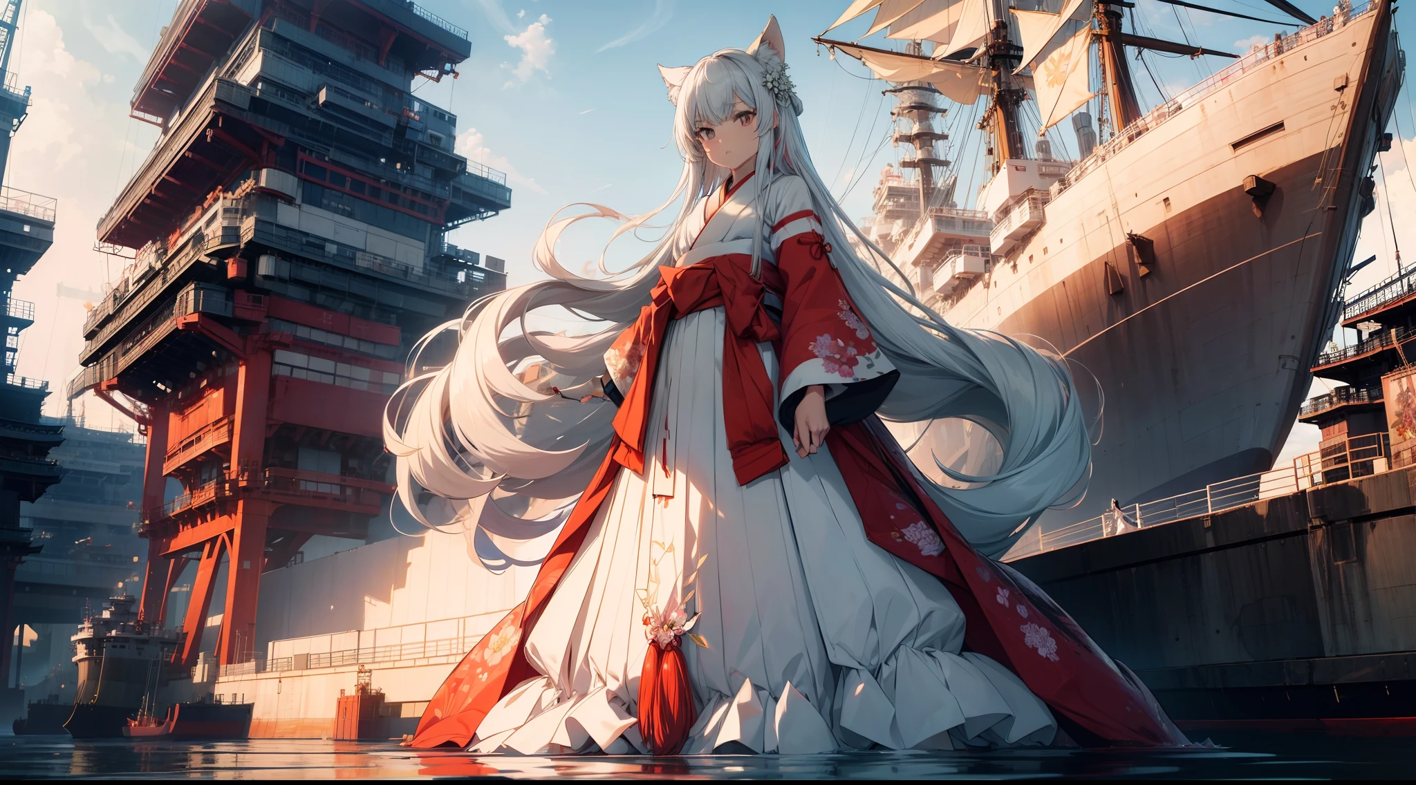 1 animal girl, standing on the tip of the ship, character focus ,(cinematic angle), from below ,japanease clothing, colorful blooms clothing , hakama, silver long hair,serious face ,high resolution,(incredibly absurdres), (hires.fix:1.3),anime visual,extremely detailed CG unity 8k wallpaper, ((masterpiece)), ((top-quality)), (beautiful illustration), ((an extremely delicate and beautiful))